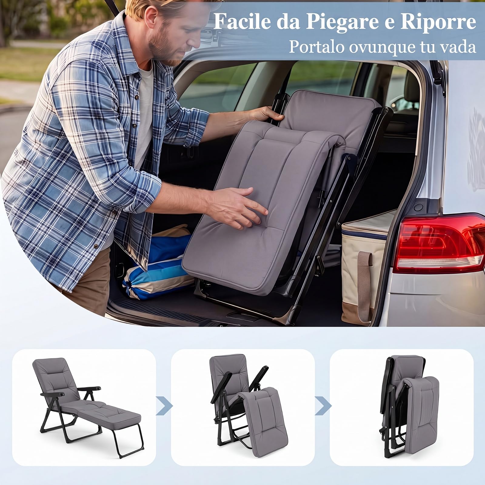 COSTWAY Sedia a Sdraio Pieghevole, Lettino Prendisole da Esterno con Schienale e Poggiapiedi Regolabili, Poltrona Relax in Metallo con Cuscino Morbido per Giardino e Terrazzo, Portata 150 kg (Grigio)