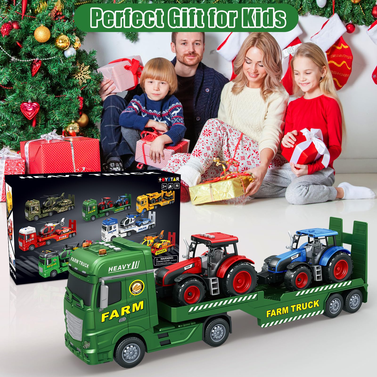 Mostop Camión grande de camión plano,25.6'' gran camión de granja juguete con 2 tractores,Juguete de tractor de granja impulsado por fricción con luz y sonido, juguete de granja para niños
