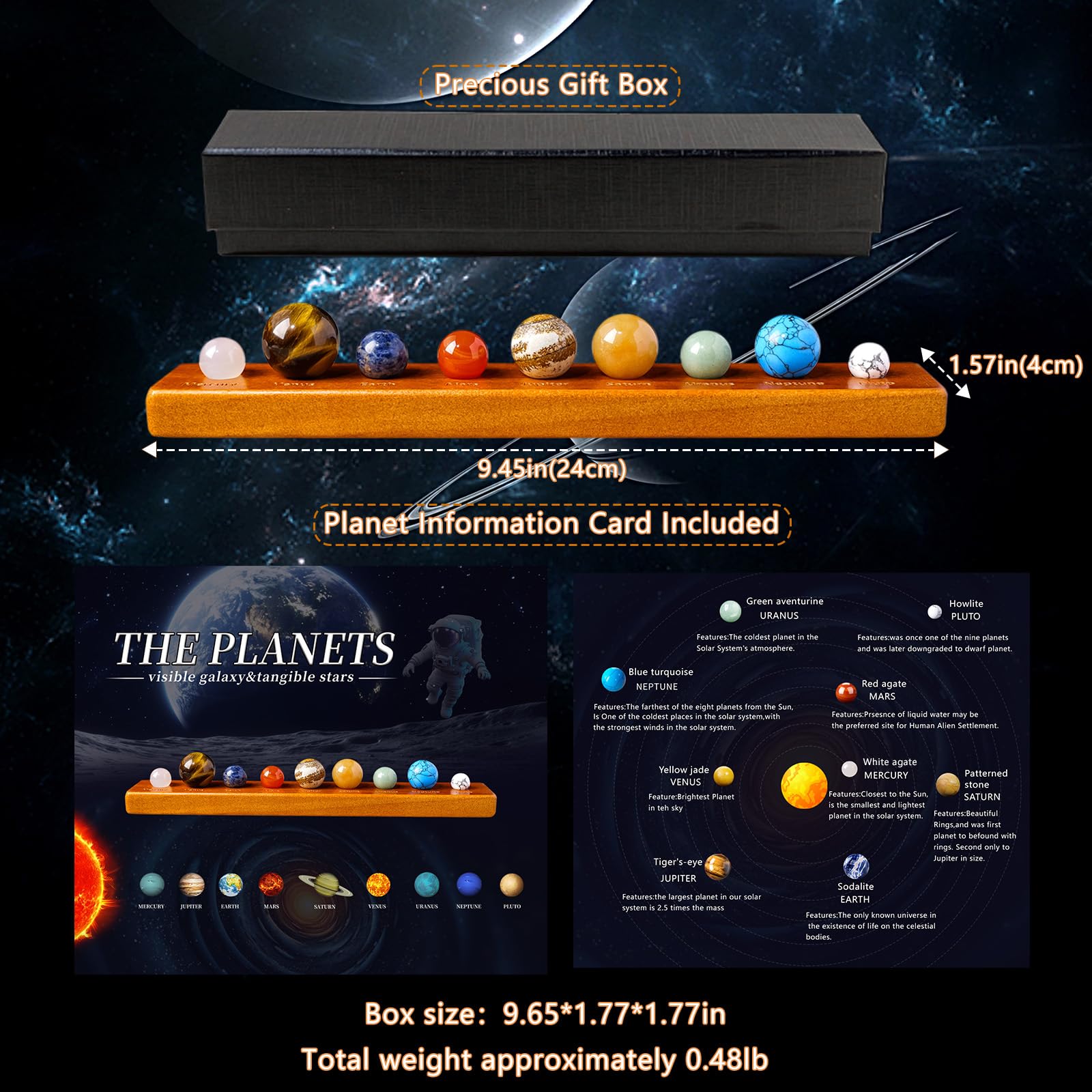 Runyangshi Nine Planets Crystal Ball Set in Display Case - Natural Stone Solar System Model with Black Foam Liner, Space & Astronomy Decor Collection