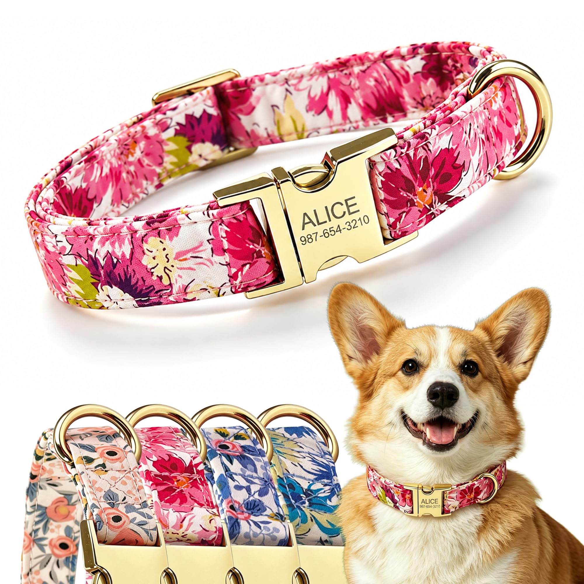 Personalized Floral Dog Collar Engraved Pet Name Adjustable Gift