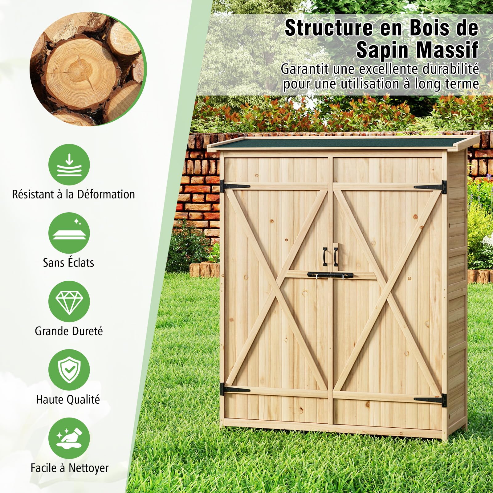 RELAX4LIFE - Caseta de jardín de madera, 127 x 47 x 163 cm, cabaña de jardín con techo de asfalto inclinado, estantes desmontables, doble puerta con cerradura para exterior trasero, patio trasero