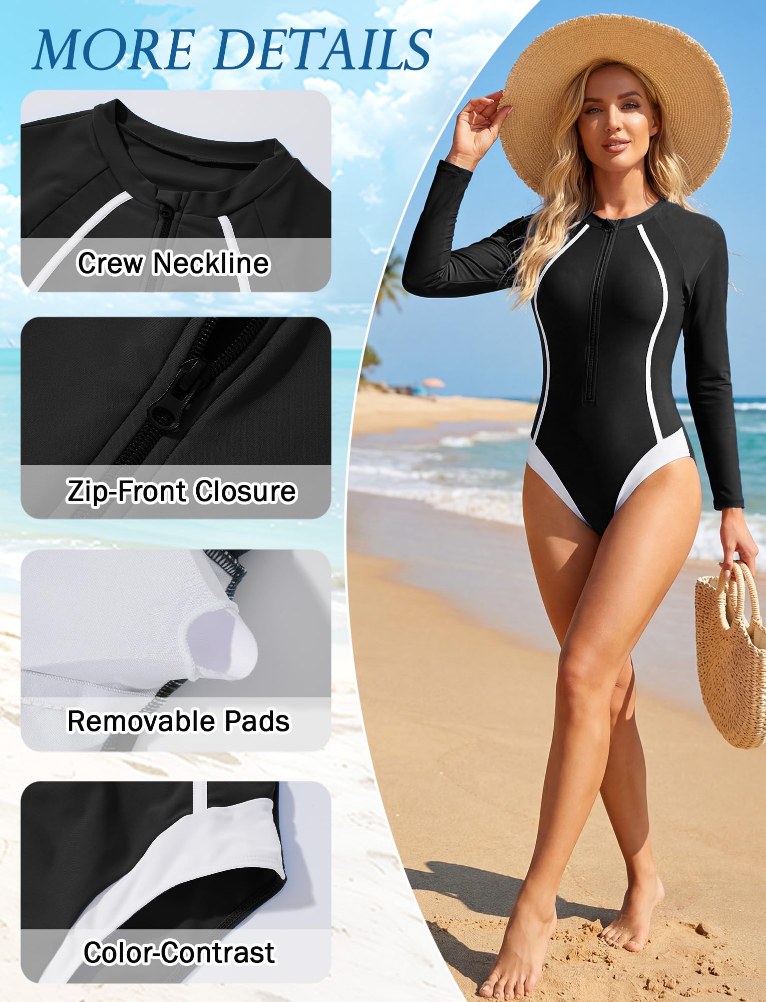 FEOYA Costume da bagno da donna a maniche lunghe con chiusura lampo sul davanti, costume da bagno intero da surf, taglia unica