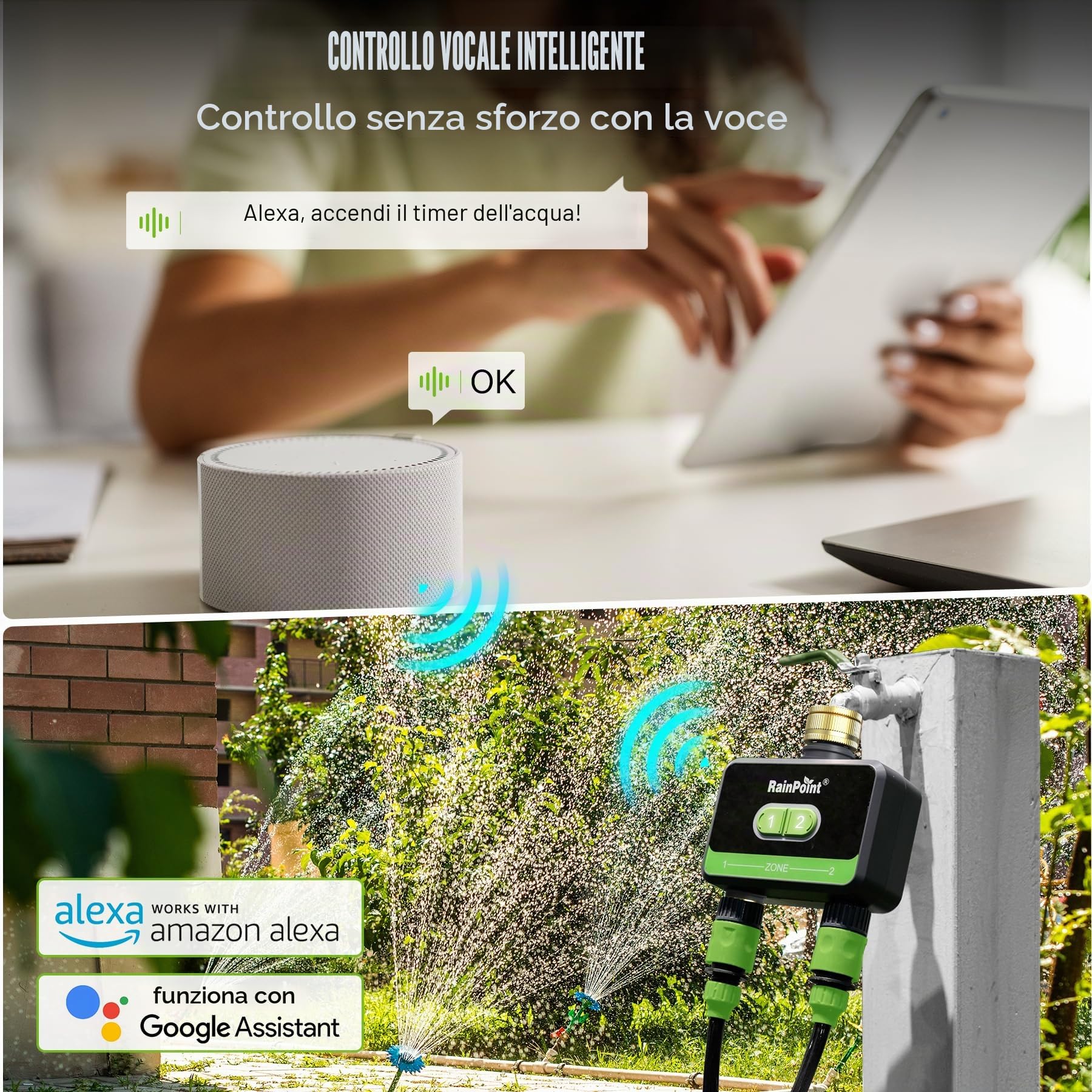 RAINPOINT Timer Irrigazione 2 uscite, ingresso e uscita in ottone, Centralina Irrigazione per irrigazione giardino con app/controllo vocale Alexa, ritardo della pioggia/controllo manuale/automatico