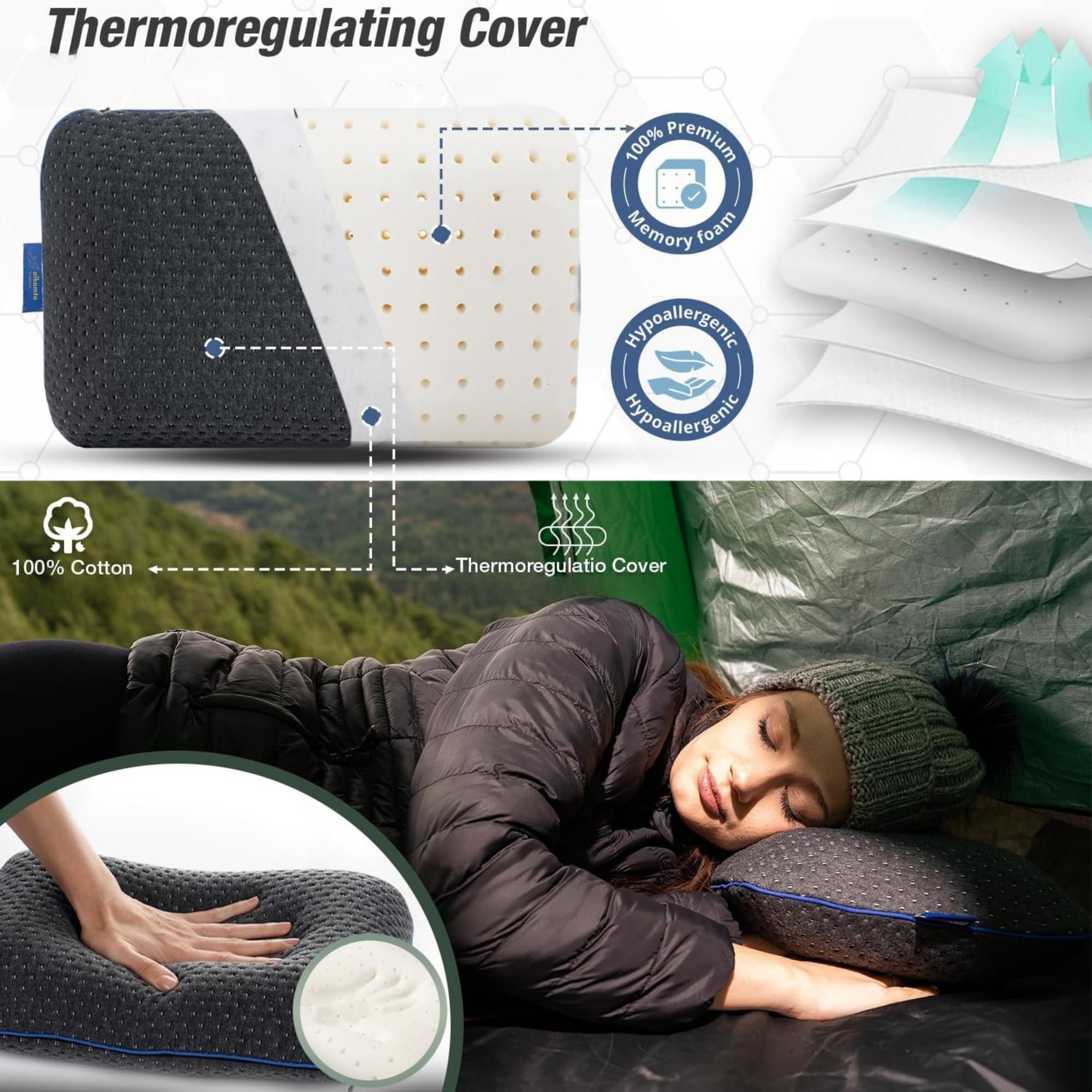 Cuscino da viaggio – Supporto ergonomico per il collo da campeggio in memory foam con federa termoregolante – Borsa da viaggio impermeabile inclusa (Nero)
