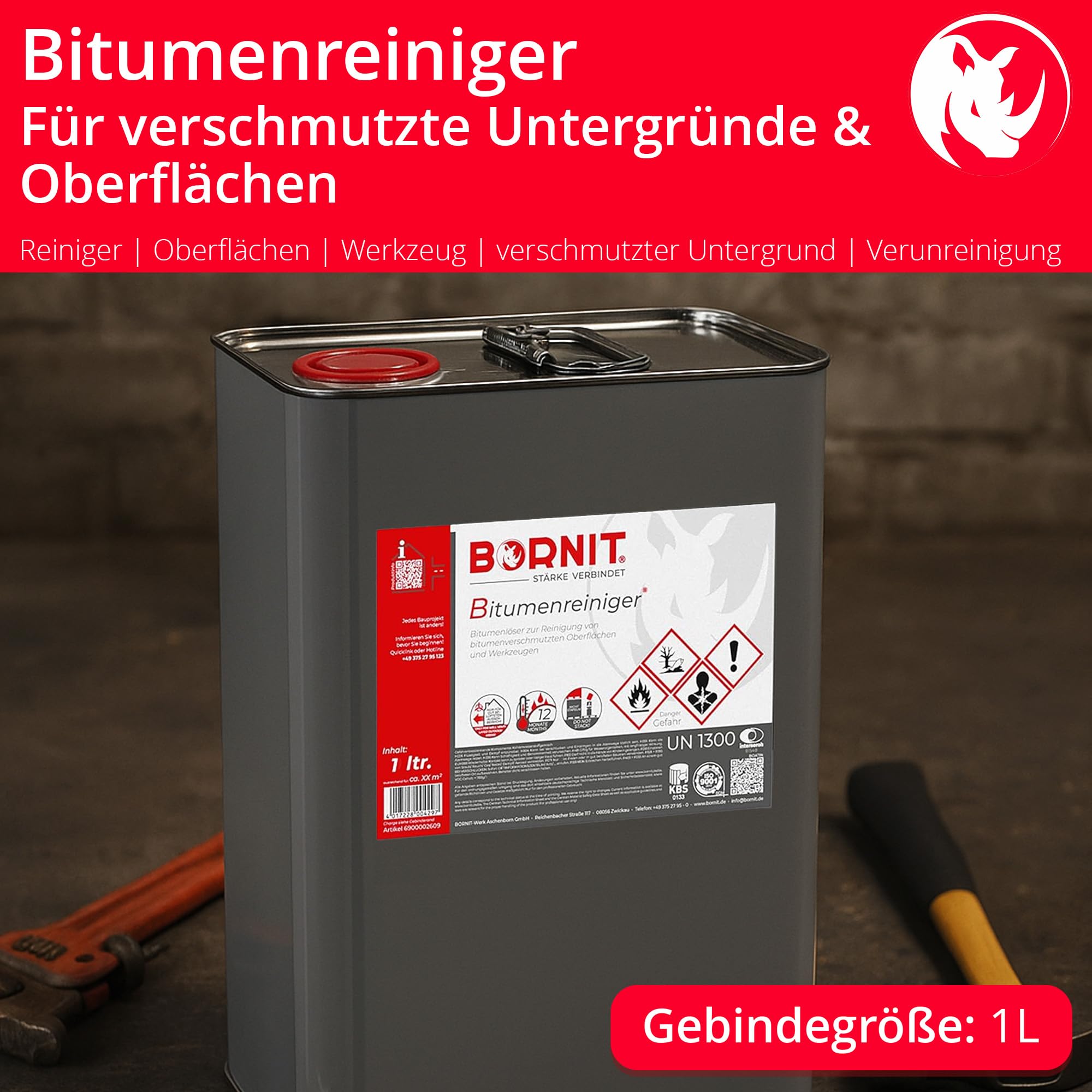 BORNIT Bitumenreiniger 1L Soforteffekt entfernt hartnäckige Bitumenreste | speziell zur Entfernung von Bitumen, Teer, Asphalt, hartnäckigen Öl und fetthaltige Verschmutzungen an Werkzeuge