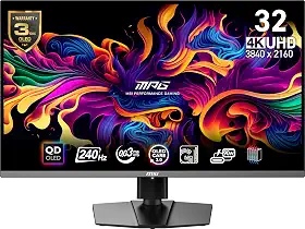 MSI MPG 321URX QD-OLED, 32" 4K UHD Quantum Dot OLED Gaming Monitor, 3840 x 2160, 0.03ms, 240Hz, True Black HDR 400, 90W USB Type C, HDMI, DP Port