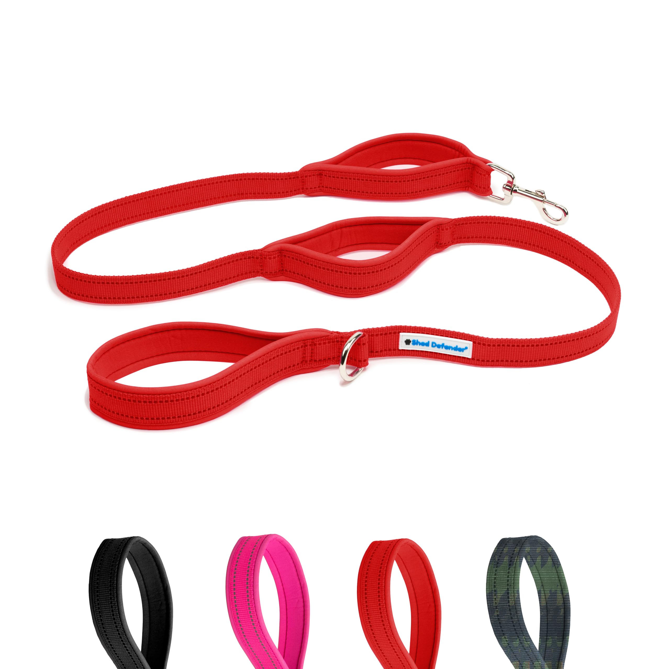 Shed Defender Laisse de 1,5 m - Trois poignées rembourrées - Double épaisseur pour plus de résistance - Coutures réfléchissantes de 1,5 m pour grands et petits chiens - Laisse de dressage (rouge)