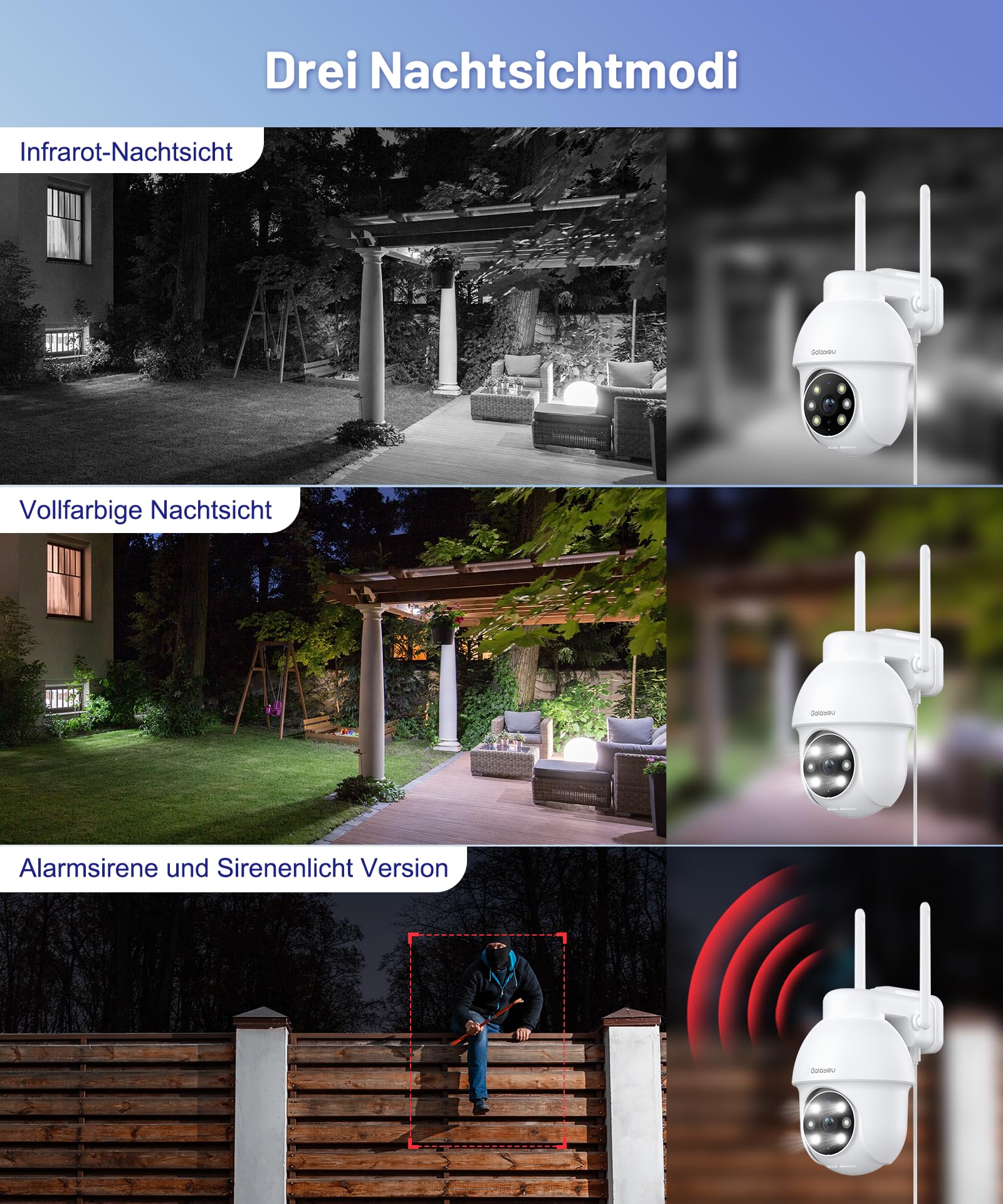 GALAYOU Zewnętrzna kamera nadzorująca WiFi PTZ, zewnętrzna wodoodporna kamera nadzorująca 360°, kolorowy noktowizor, inteligentne śledzenie, natychmiastowy alarm, Alexa Y4 2p