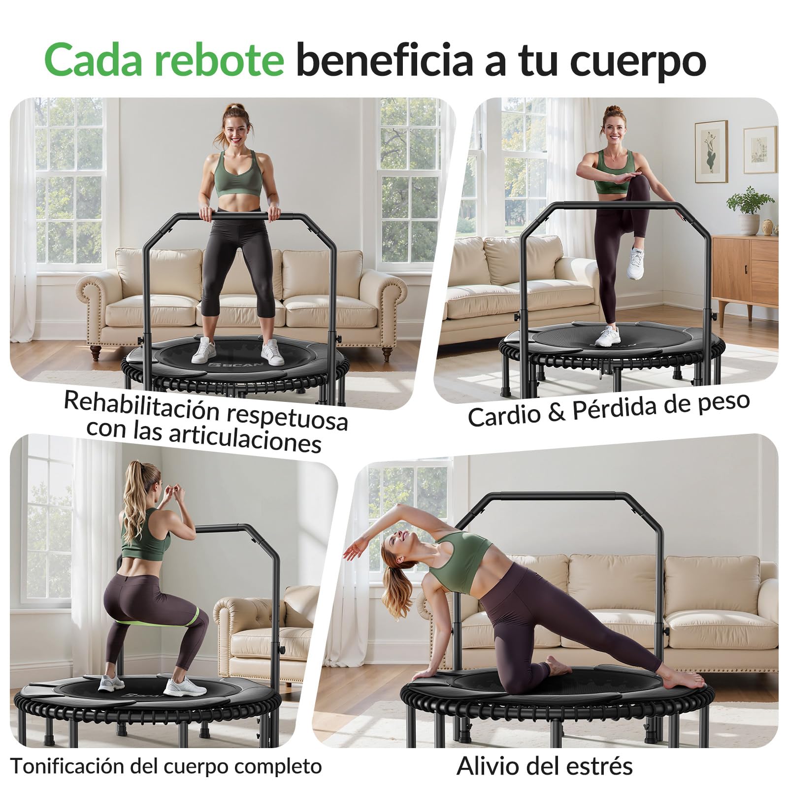 Cama elástica BCAN de 102/122 cm para Adultos, Capacidad de Carga de 204/250 kg, con Cuerdas elásticas, Manillar Ajustable, Estable, silenciosa, para Uso Interior/Exterior.