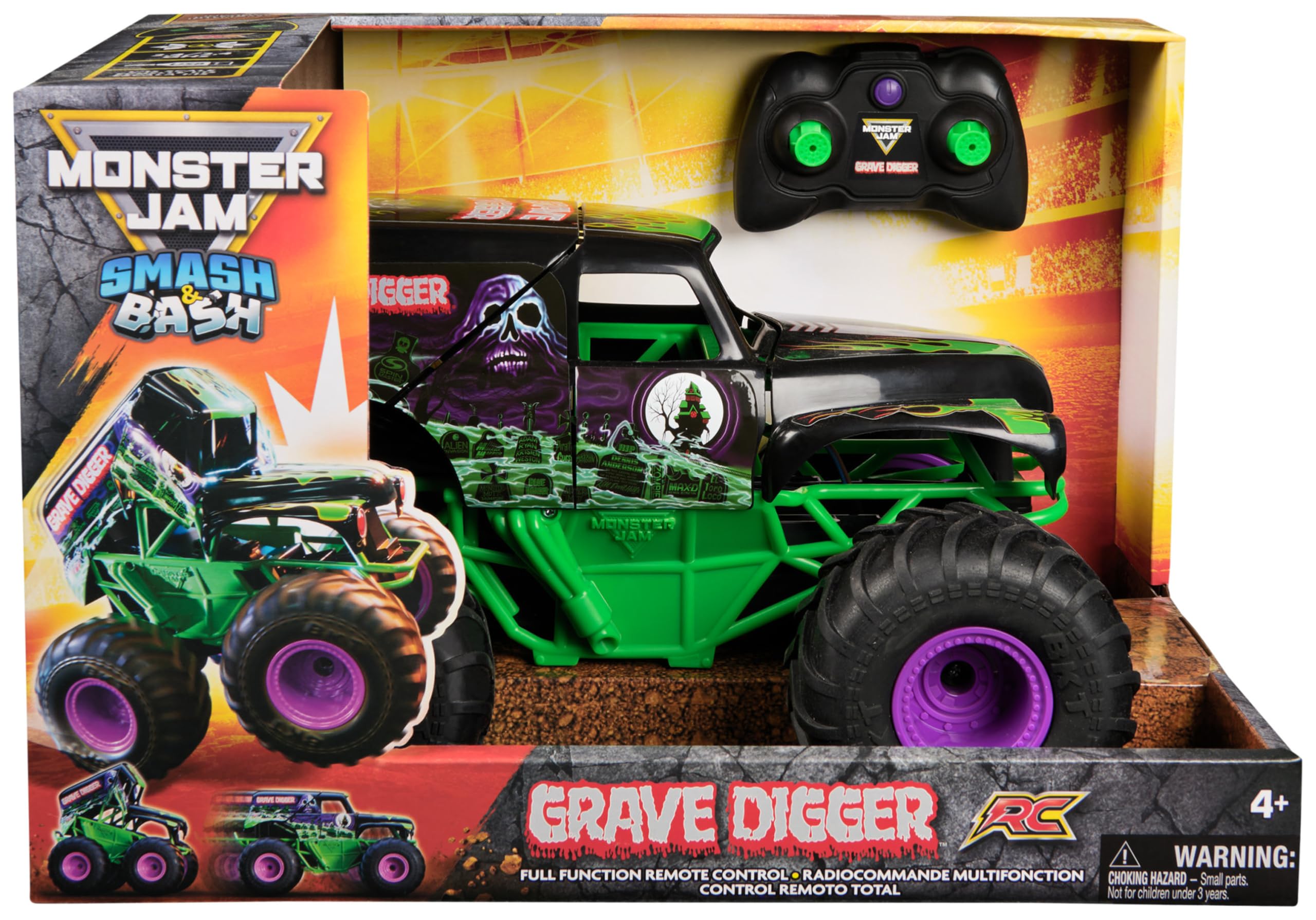 Monster Jam - Smash 'n Bash Grave Digger, Ferngesteuerter Monstertruck, der Sich beim Crash verformt und auf Knopfdruck Wieder repariert, 2,4 GHz-Steuerung, ab 4 Jahren