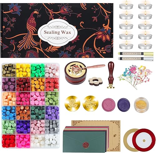 Nicetage Kit de sellos de cera con caja de regalo, 650 cuentas de 24 colores con 2 sellos y cucharas, sellador de sobre, envoltura de regalos,
