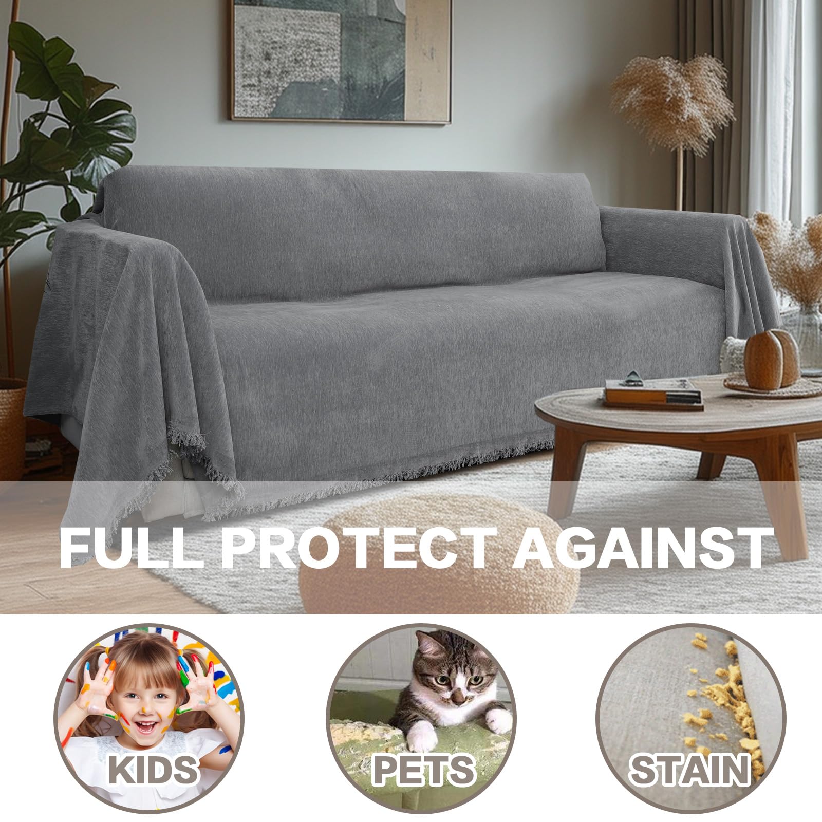 BellaHills Telo Copridivano 3 Posti, Copridivano Universale Quattro Stagioni, Teli Copri Divano con Braccioli, Copritutto Per Divano Arredamento Per La Casa Antimacchia, (Grigio, 180 x 260cm)