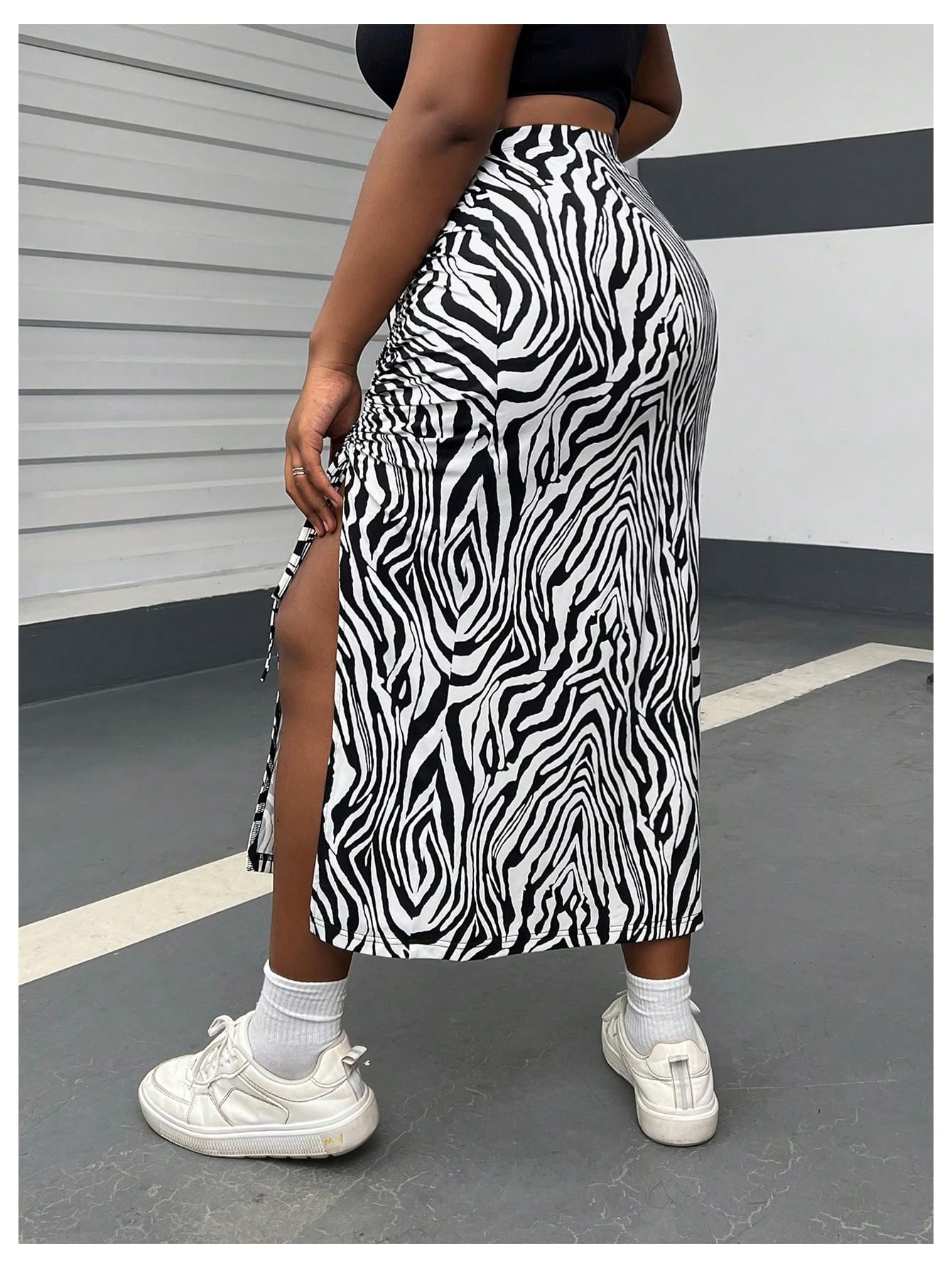 WDIRARA Women's Plus Size Checkered Ruched Midi Skirt High Waist Split Thigh Pencil Skirts: 3X-Large Plus Black Zebra