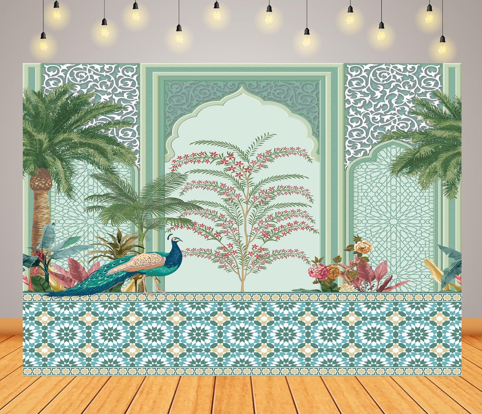 BELECO 7x5ft Fabric Traditional Moroccan Decorative Backdrop Mughal Garden Arch Peacock Dates Tree Plant Botanical Background for Party Decorations
