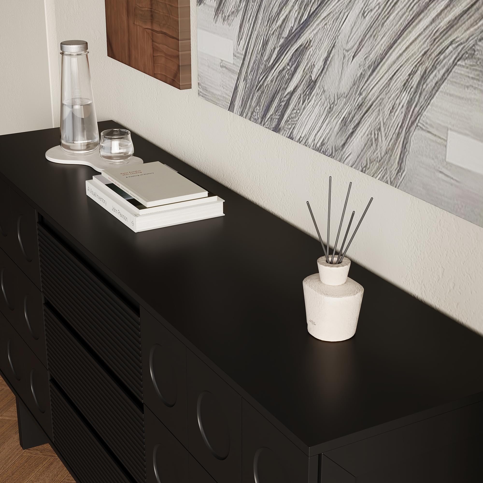 Elegante aparador negro – 160 x 40 x 80 cm – Cómoda con 3 cajones y 2 puertas – Diseño moderno para salón, comedor o pasillo – Elegante espacio de almacenamiento con carácter