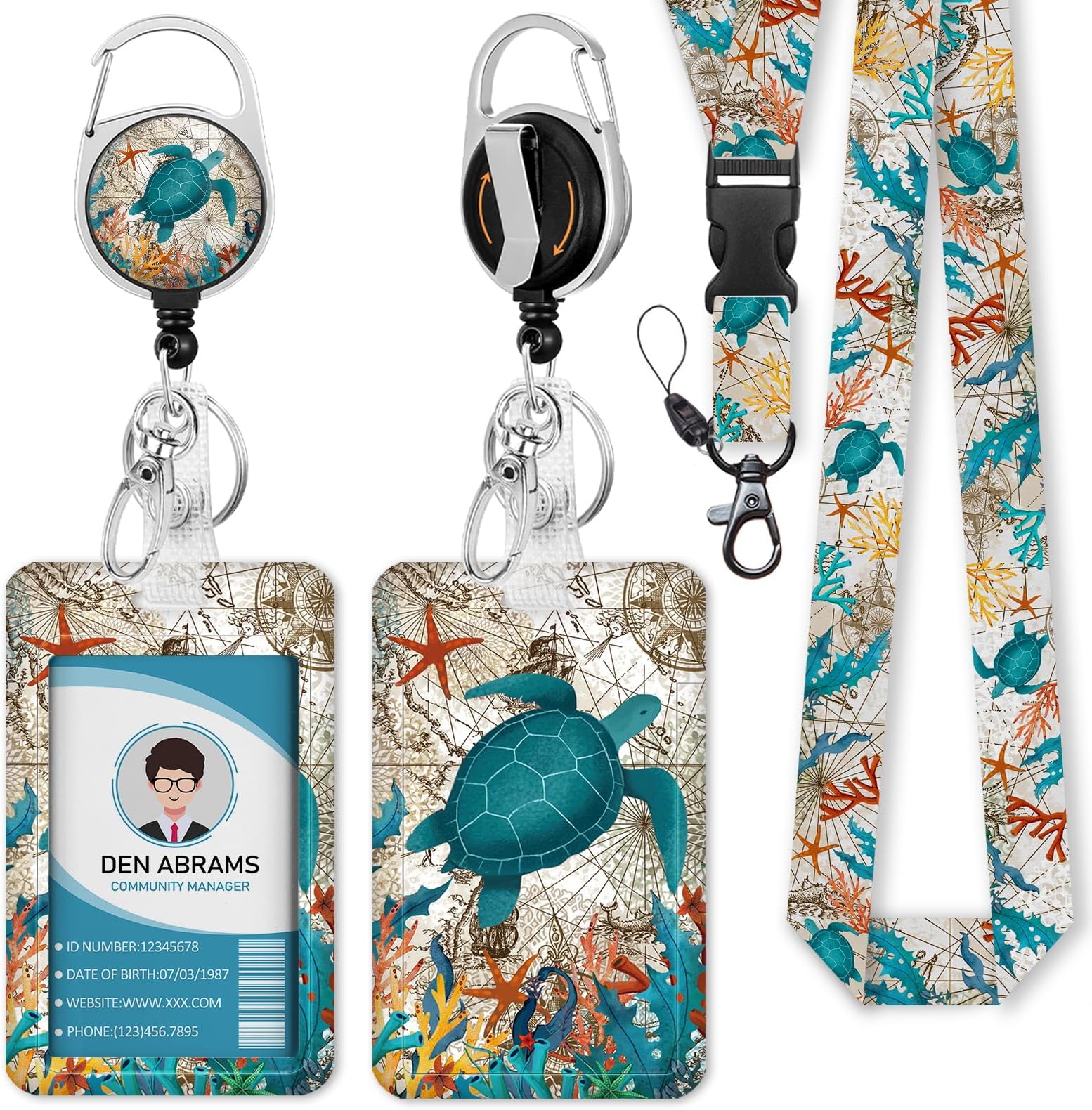 Piefly Lanyards for Id Badges, Badge Holder with Retractable Reel Clip, Sea Turtle Cute Card Name Tag Lanyard Vertical ID Card Protector Case for Women Nurse Nursing Doctor Teacher Student Kids