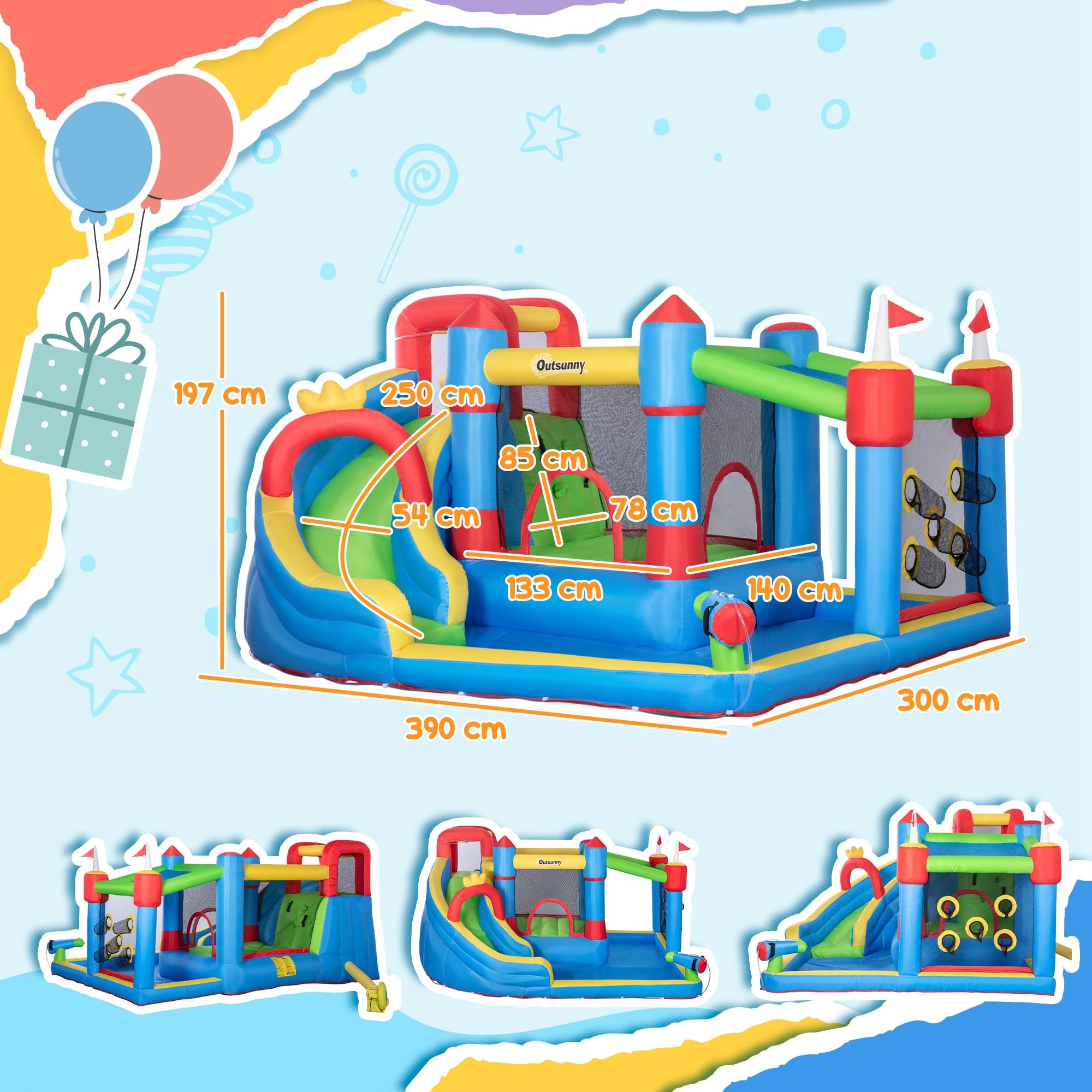 Outsunny Hüpfburg mit Gebläse für Kinder aufblasbare 6 in 1 Wasserpark mit Wasserrutsche Planschbecken Kletterwand Trampolin Wasserpistole für Indoor Outdoor Geschenk Geburtstag für 3 Kinder 3–8 Jahre