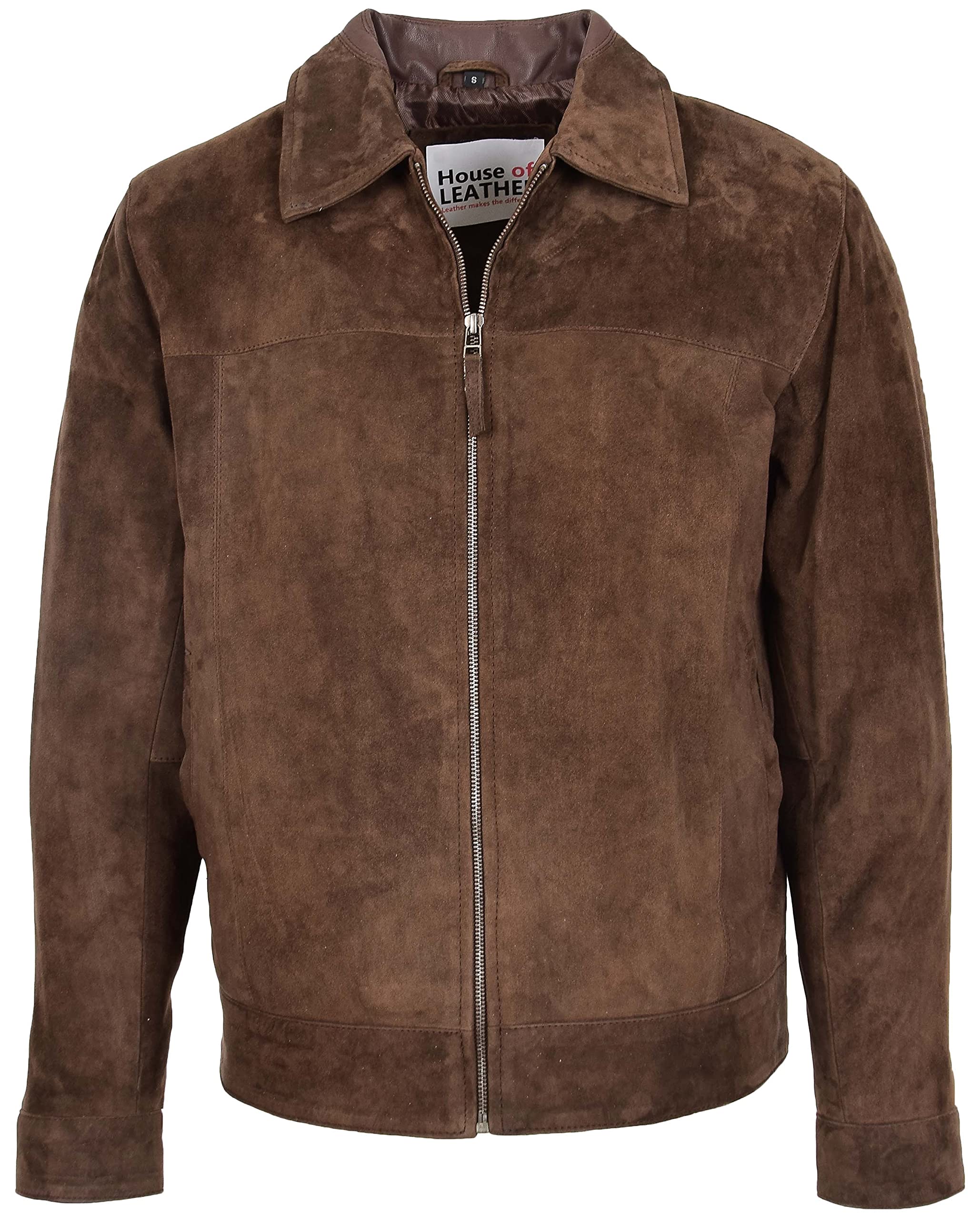House Of Leather Men's Brown Real Suede Harrington Jacket Classic Zip Box Style Larry (3Xl, )