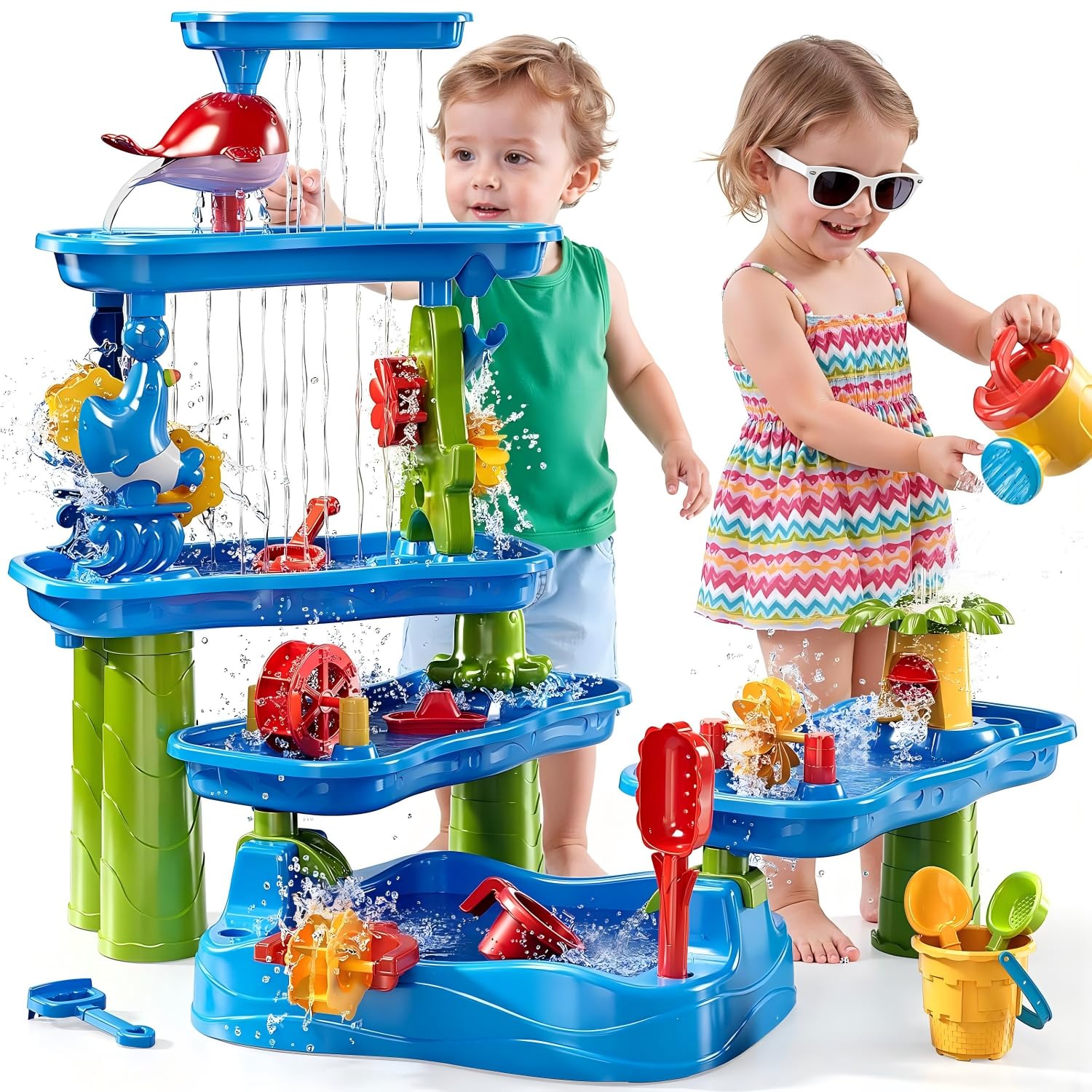 DUDUPIE Kids Water Table for Toddlers, 5-Tier Sand and Water Play Table with Waterfall, Splash Accessories & Rotating Wheels, Outdoor Garden Water Toys for Boys Girls Age 1-5