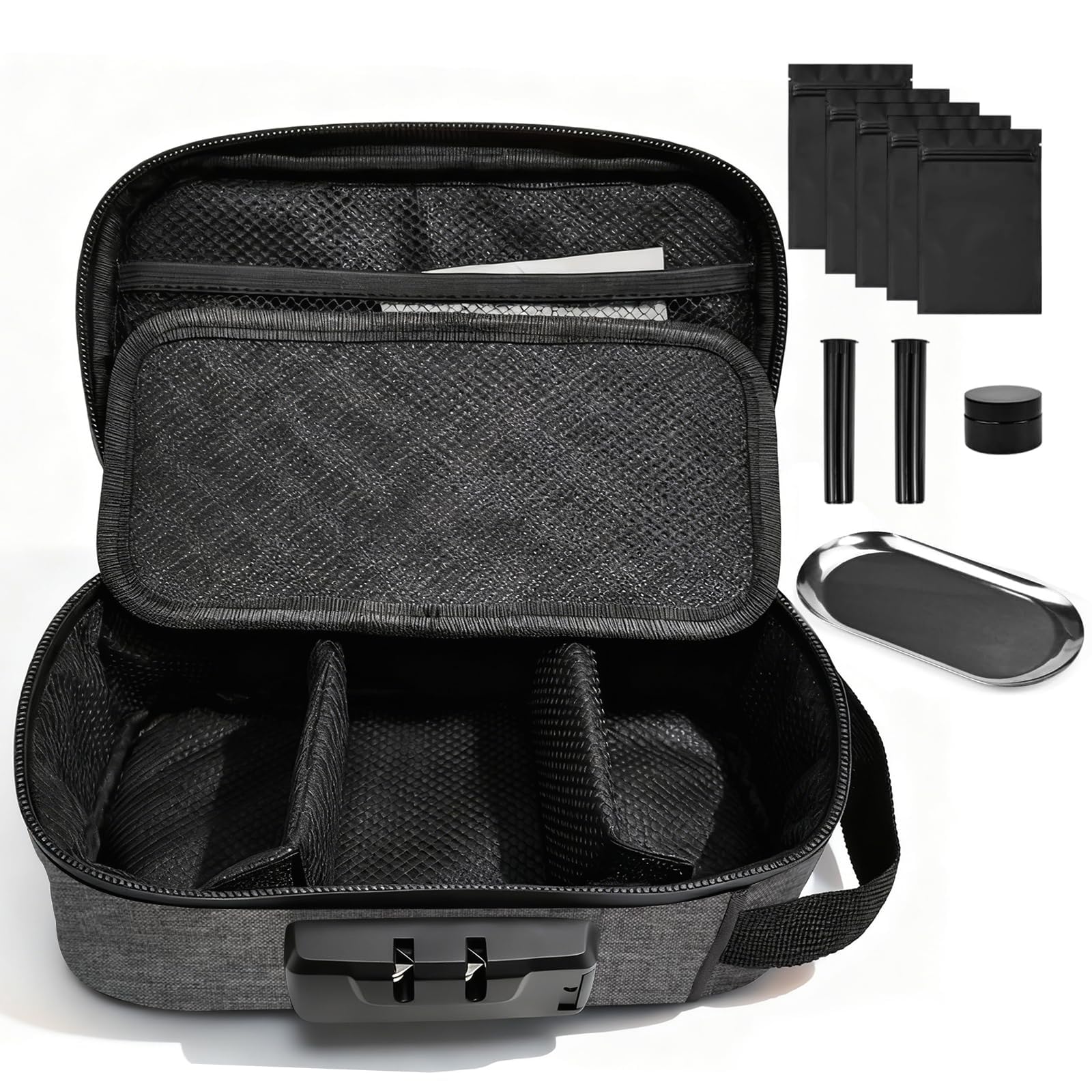 Smell Proof Bag, Lockable Black Smell Proof Container Bag Odor Proof Stash Smoking Box Weed Bags with 9 Accessories for Home Office and Travel