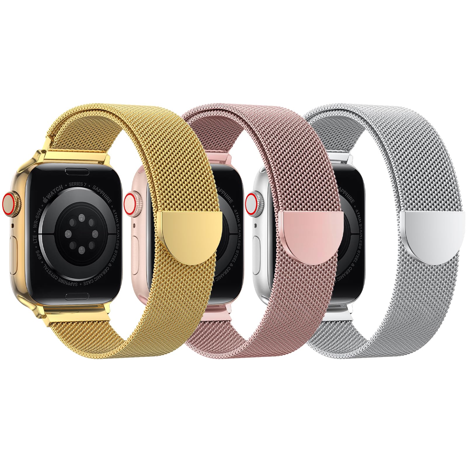 BELONGME 3 Pack Mesh Loop Compatible with Apple Watch Band Women Men 38mm 40mm 41mm 42mm 44mm 45mm 49mm Series Ultra SE 9 8 7 6 5 4 3 2 1, Stainless Steel Metal Strap Magnetic Clasp for iWatch Bands