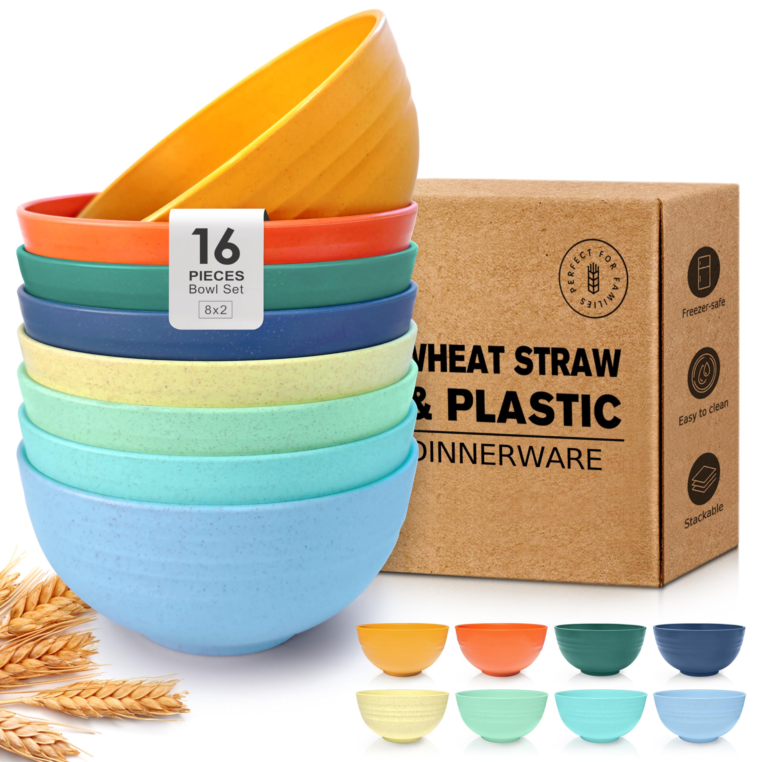 Teivio 16-Piece Cereal Bowls,26oz Wheat Straw Bowls Set, Unbreakable Durable Plastic Bowls for Kitchen, Camping, Kids Salad Snack Bowl Reusable,Dishwasher Safe, Multicolor