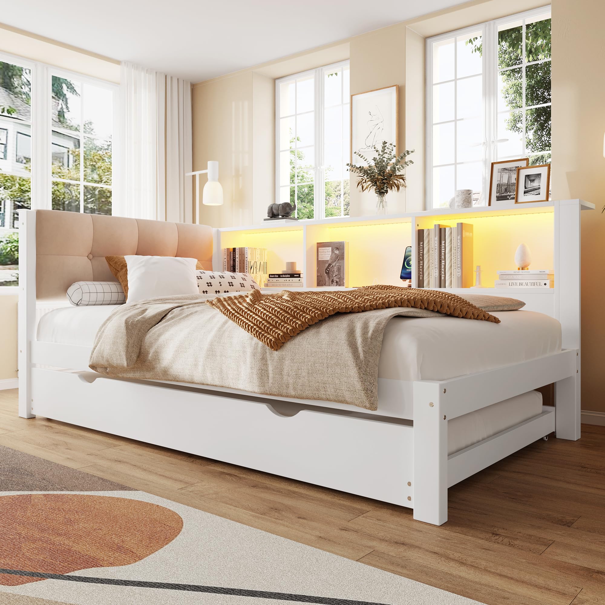 Cama infantil de 90 x 200 cm, con cama nido de 90 x 190 cm, con conector USB y tira LED, sofá cama con cabecero acolchado, estructura de madera, blanco, sin colchón (blanco, 90 x 200 cm)