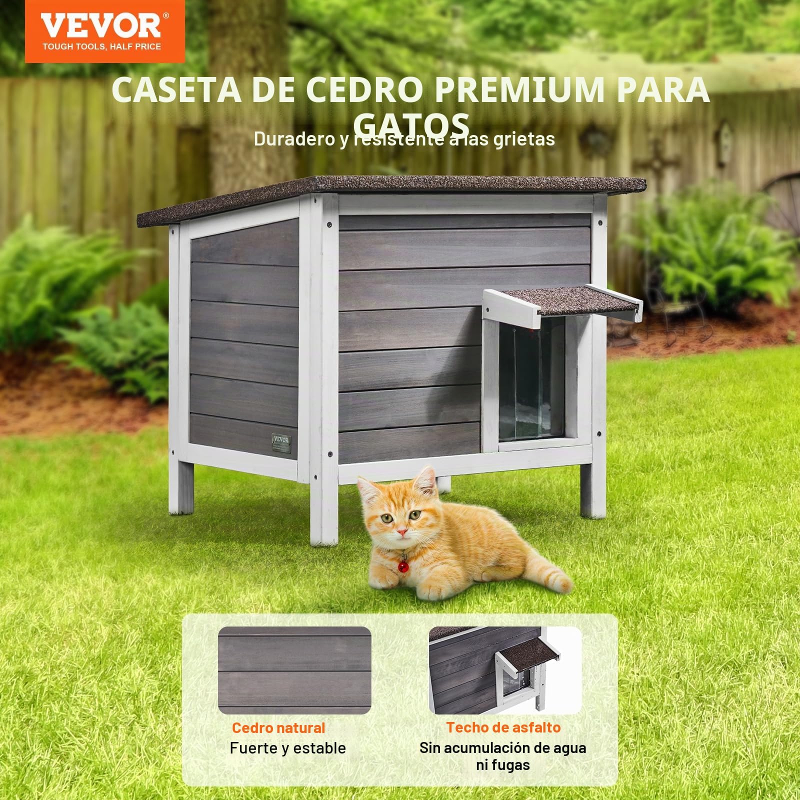 VEVOR Casa para Gatos de Exterior de 610 x 508 x 535 mm, Refugio para Varios Gatos de Madera de Exterior con Aislamiento de Espuma en Todos Los Lados, Techo Abierto, Puertas con Solapas de PVC, Gris