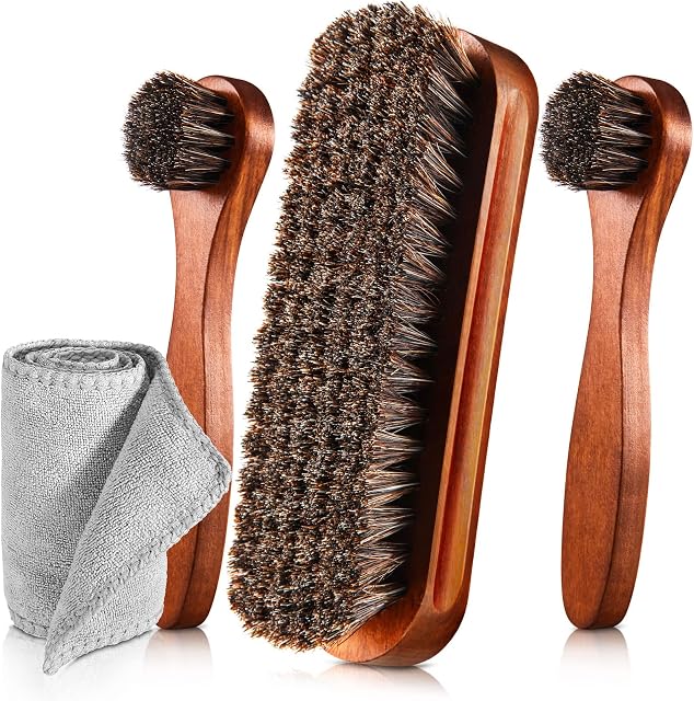 Zjoey Horsehair Shoe Polishing Brush Kit Dual Side Shine Shoes Brush Set Polish Dauber Applicators with Microfiber Buffing Cloth