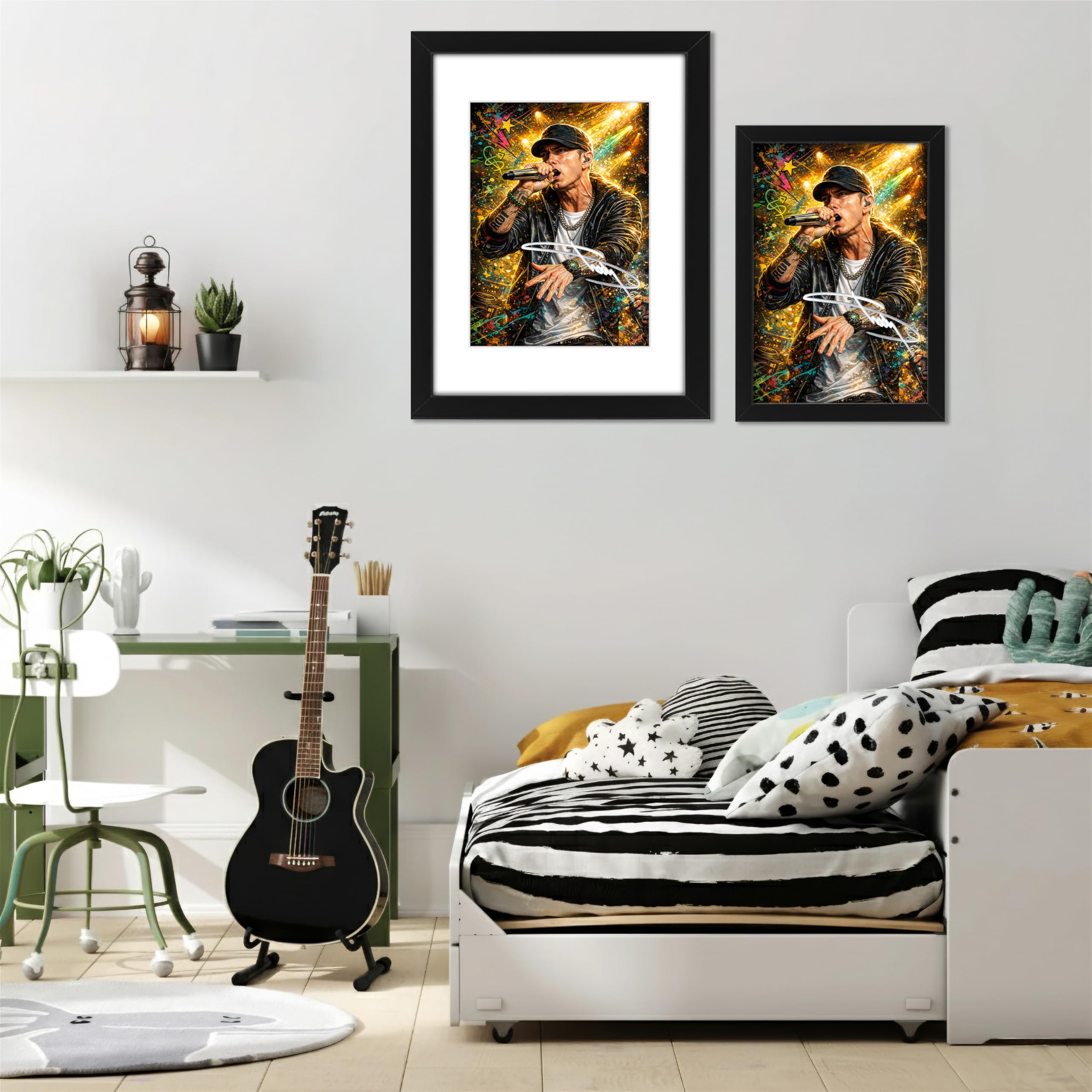 AllStarMedia Poster con stampa autografata di Eminem, in stile artistico, edizione limitata, idea regalo per i fan, ricordo da collezione, Marshall Mathers (A3 incorniciato con passepartout)