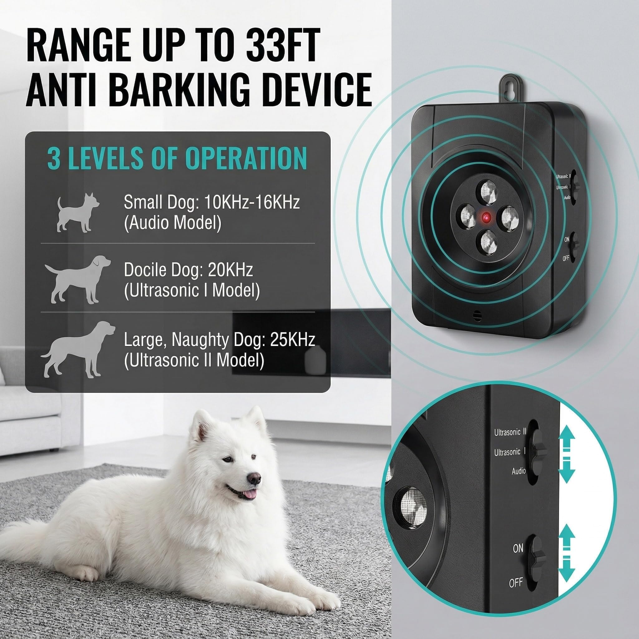 Anti Aboiement pour Chien, Auto Dispositif Anti Aboiement,Ultrasons 33FT Anti Aboiement pour Chien avec 3 Modes, Anti Aboiement Chien Voisin, étanche pour Chiens l'extérieur et l'intérieur (Noir)
