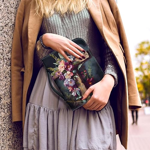 Miniatura 4 de Vodetik Funda de piel para la Biblia con diseño de flores rosas para mujeres y hombres, con cruz para niñas, tamaño mediano con asa con cremallera,