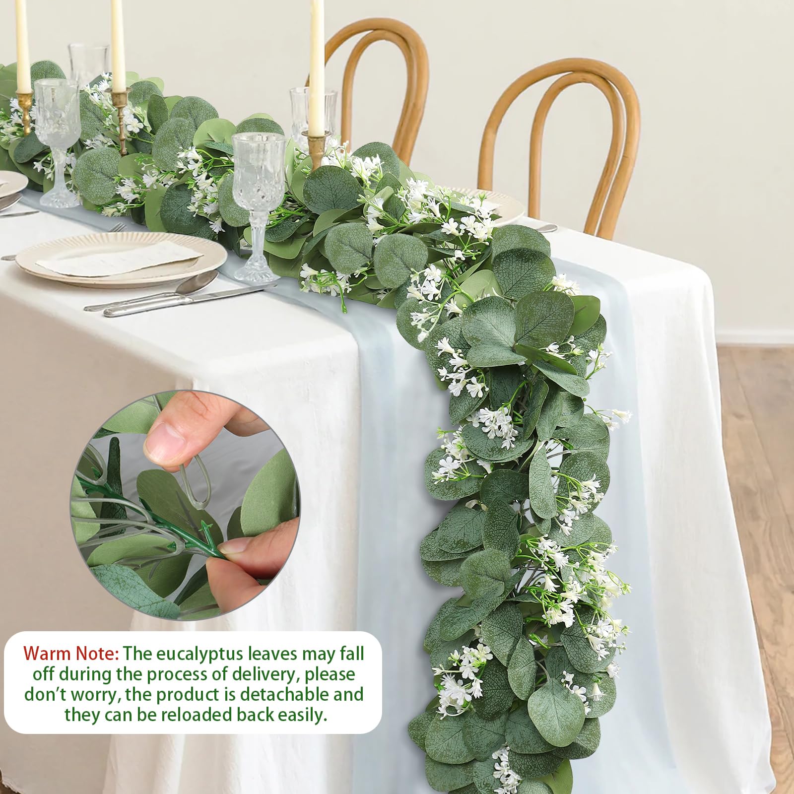KHOYIME Eukalyptus-Girlande mit weißen Blumen, 4 Packungen, 1,5 m, künstliche Silber-Dollar-Eukalyptusblätter, Pflanze, künstliche Grünpflanzen, hängende Efeuranken, künstlicher Kranz für Hochzeit,