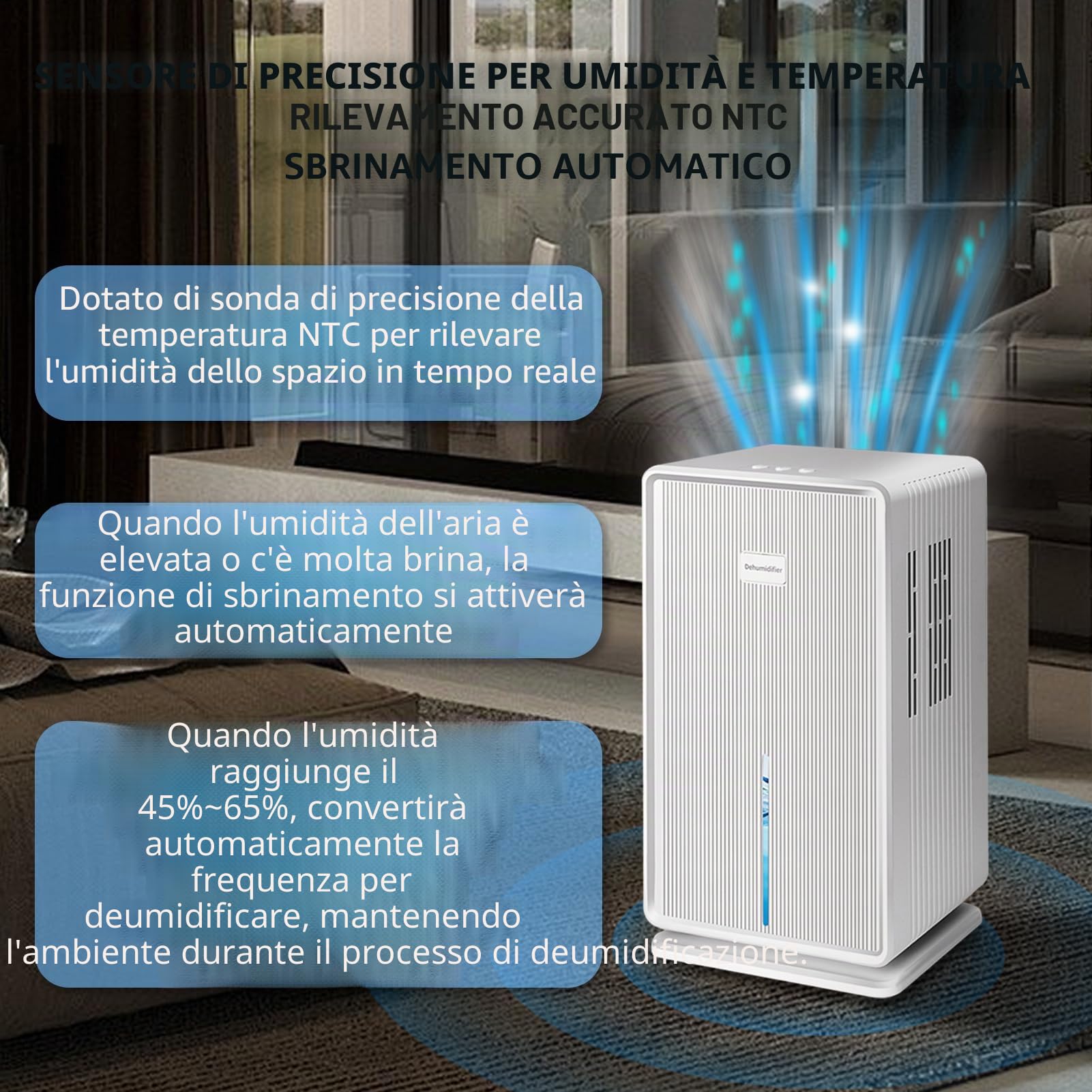 Deumidificatore Casa 1L/T (3 L), Deumificatore Silenzioso <40 dB per 30m²-70m² bagno appartamento seminterrato, con spegnimento e sbrinamento automatici, luce d'atmosfera colorata