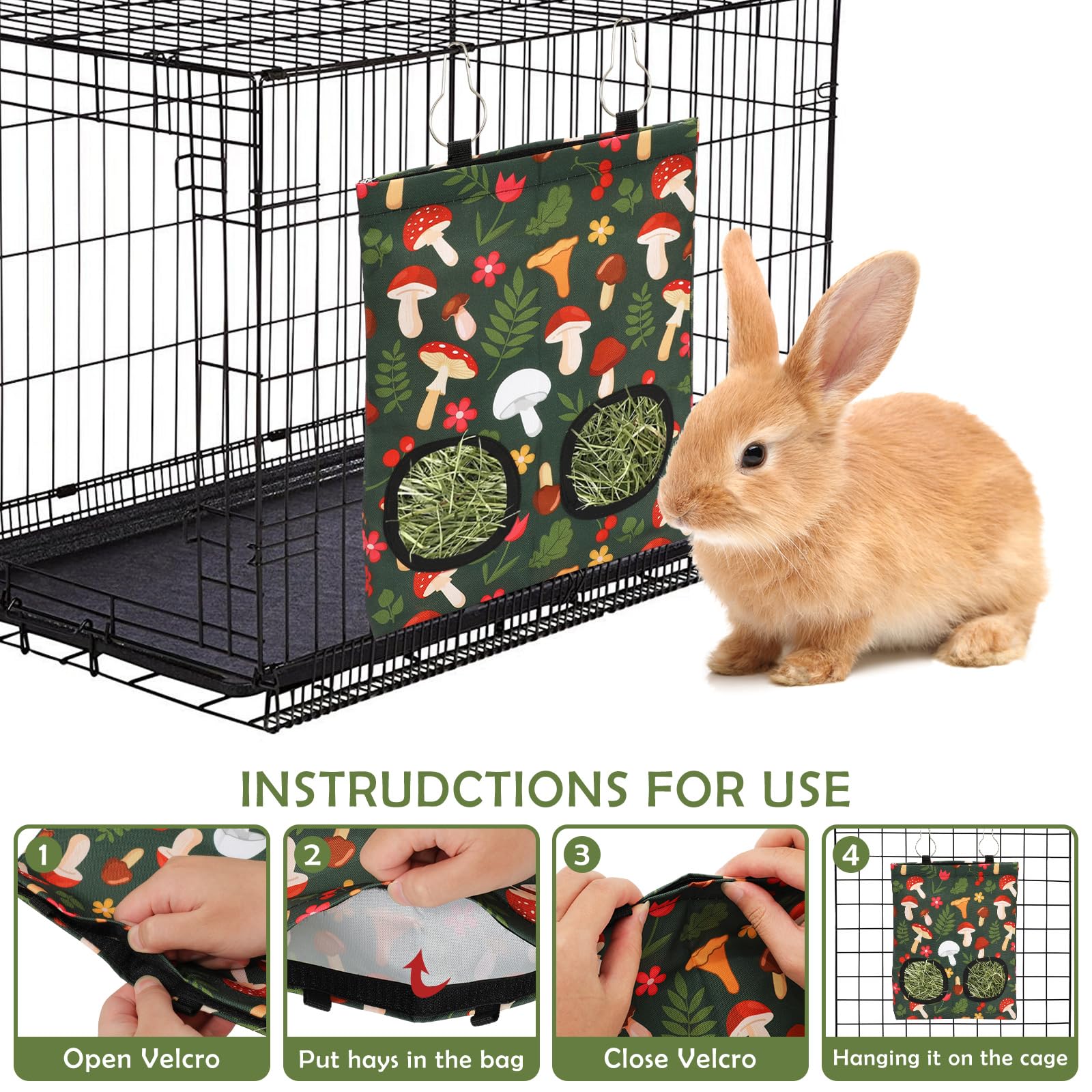 JarThenaAMCS 2Pcs Rabbit Hay Feeder Bag with 2 Holes 11.5 x 9 Inch Mushroom Guinea Pig Hanging Hay Feeding Bag Storage Dispenser for Chinchilla Hamster Bunny Small Animal Pet - image 6