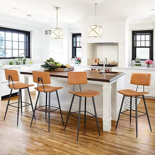 Miniatura 12 de Juego de 2 taburetes de bar de altura de mostrador de 24.5 pulgadas, taburetes de bar tapizados de piel sintética negra con reposapiés trasero y