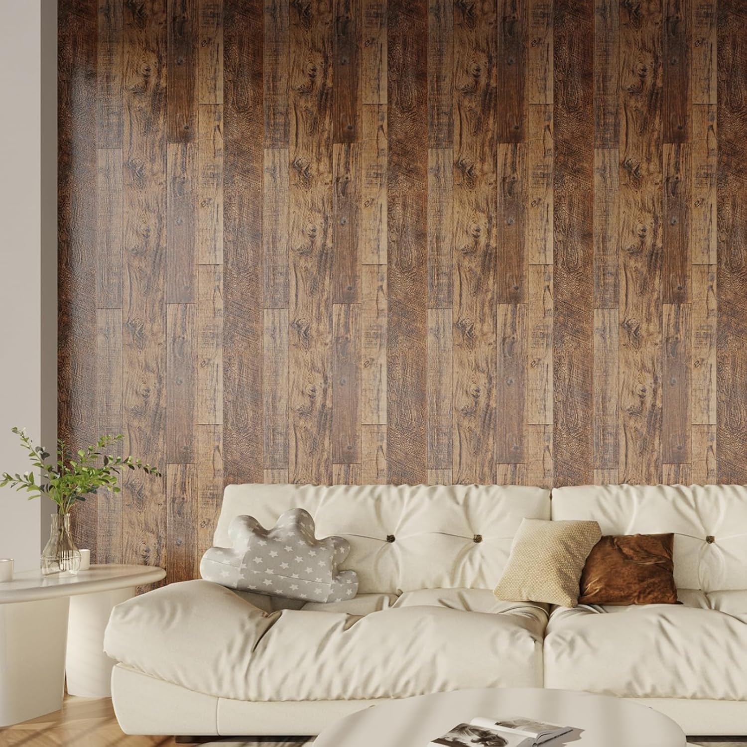 TANONE Wood Contact Paper Kitchen Peel and Stick Wallpaper, Self Adhesive Removable Wallpaper Countertops Waterproof, Shiplap Wall Paper Wood Vinyl Wrap for Cabinets Rustic Brown 17.5" x 393"