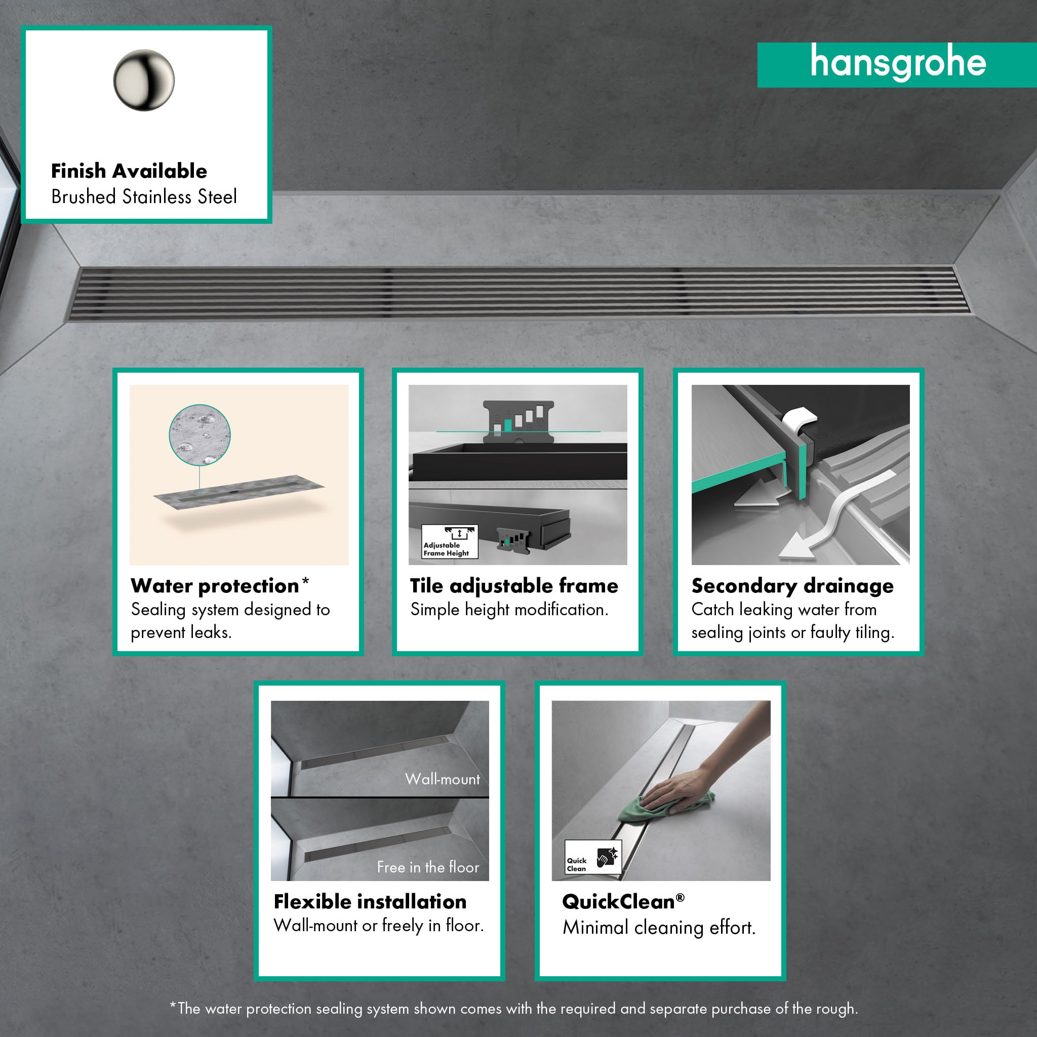 hansgrohe RainDrain Match Boardwalk - Desagüe de ducha lineal para 35 1/4 pulgadas con marco de altura ajustable en acero inoxidable cepillado, drenaje rectangular de acero inoxidable para piso de