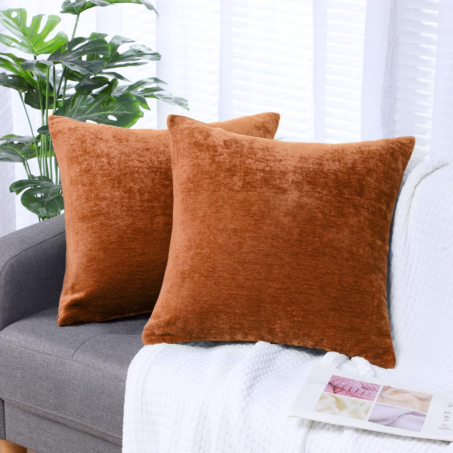 PiccoCasa Set of 2 Chenille Throw Pillow Covers, Soft Decorative Cushion Covers Water Repellent Couch Pillowcase Home Cute Pillowcases for Sofa Car, 20x20 Inch Burnt Orange