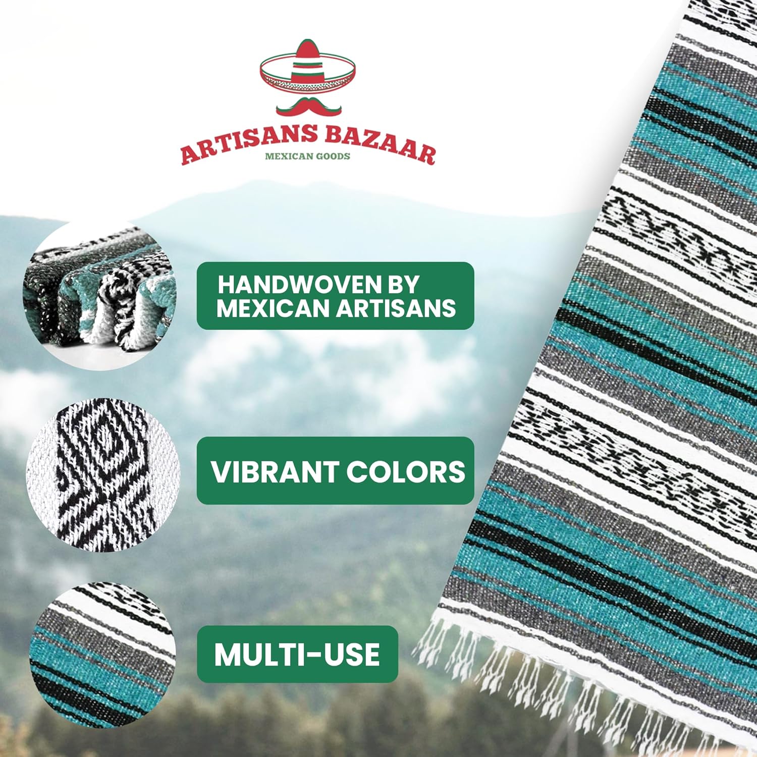 Artisans Bazaar Traditional Mexican Baja Poncho Men and Women Authentic Gaban Serape Sarape Blanket Pancho Jorongo Cowboy - Image 6