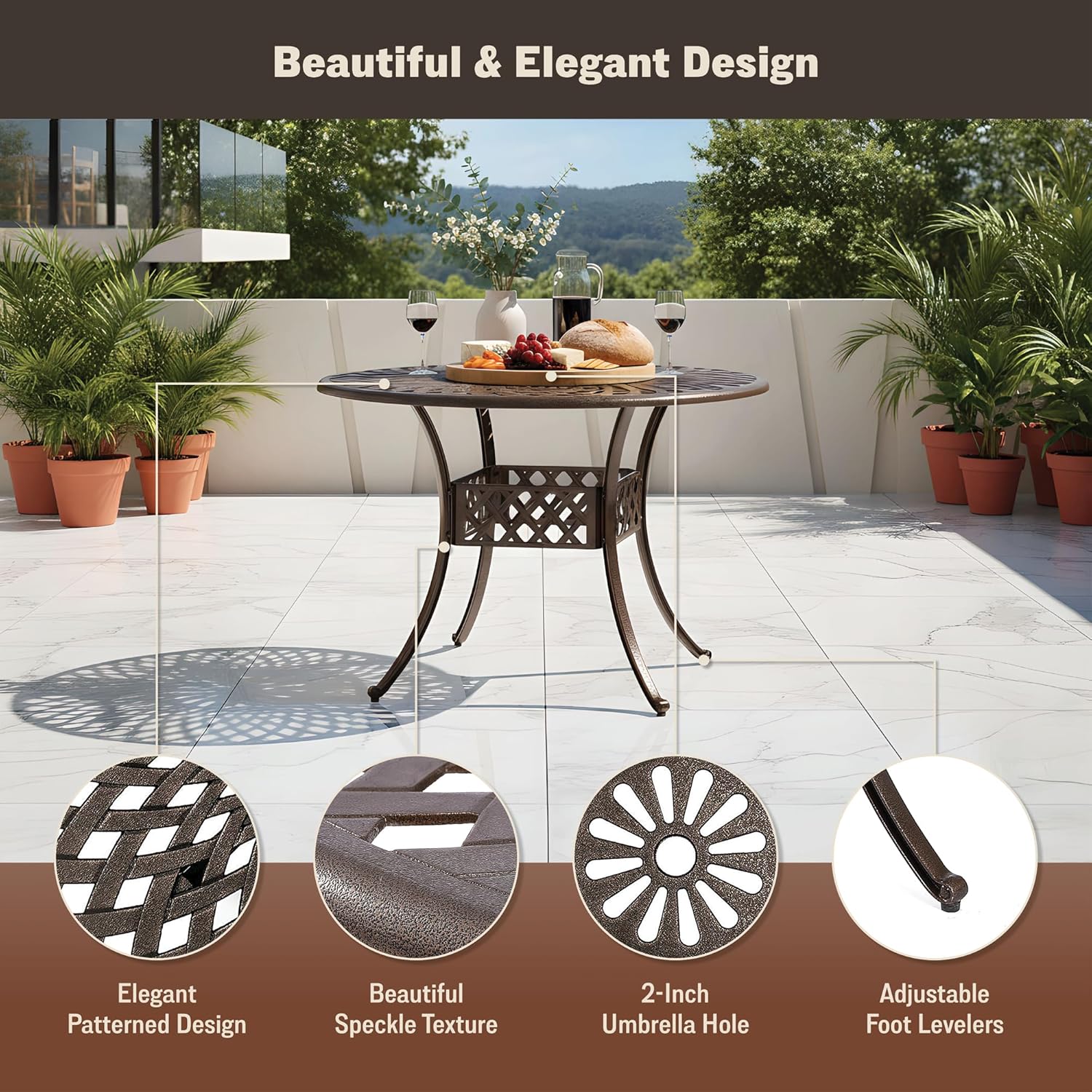 Kinger Home Arden 41-Inch Outdoor Dining Table, Cast Aluminum Patio Furniture Table, Round Table, All-Weather Resistant Outdoor Dining Furniture, Brown