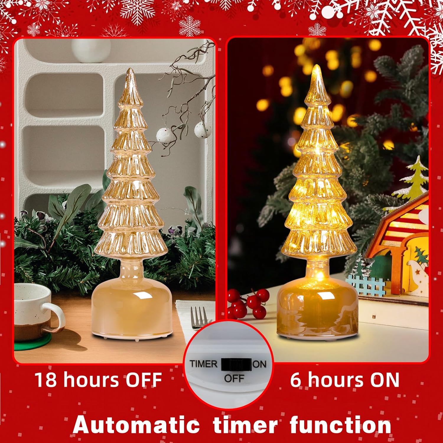 Glass Christmas Trees for Tabletop, Rotating Mercury Glass Christmas Tree Decoration, Sparkling Small Xmas Tree with Lights, Battery Operated Xmas Trees with Timer (Gold)