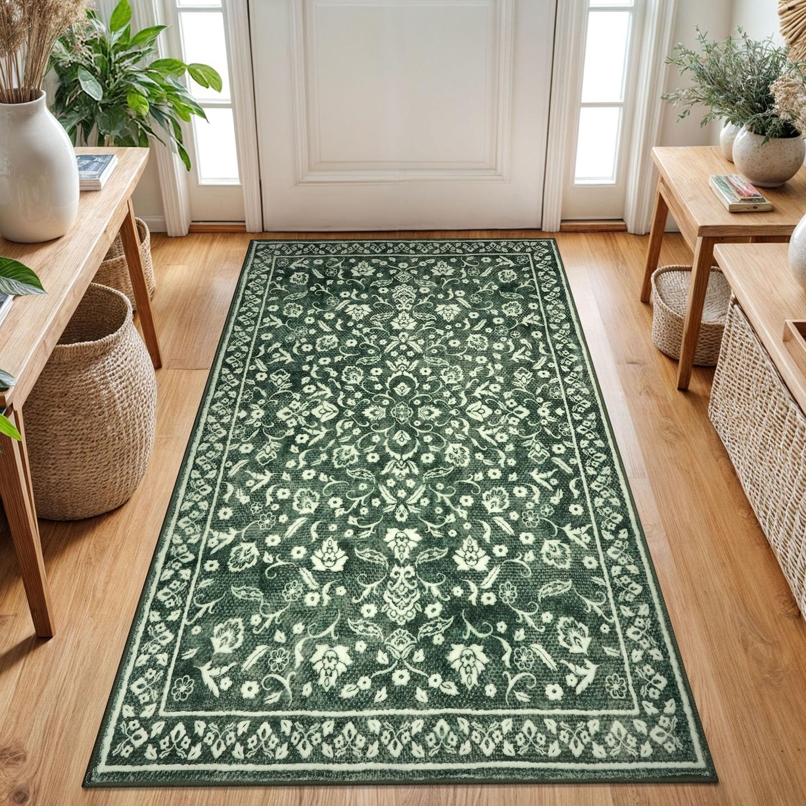 SILOLOOM Vintage 3x5 Washable Rug for Entryway, Super Soft Forest Green Entryway Rug Non-Slip, Printed Faux Wool Floral 3x5 Area Rug Thin Floor Carpet for Kitchen, Bedroom, Office, Living Room — image 1