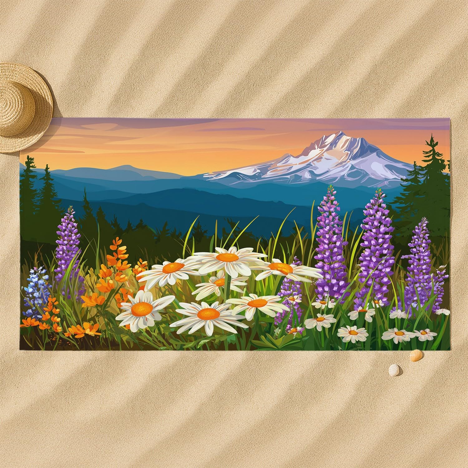 Microfaser Strandtuch 230 x 210 cm - Reisehandtuch Schnelltrocknend Romantisch, Realistisch, Natur, Himmel Strandtuch Berggipfel, Wald, Gänseblümchen, Gras für Campen, Picknick, Ausflüge