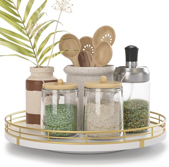 10" Wooden Lazy Susan Turntable for Cabinet – Rotating Spice Rack Organizer