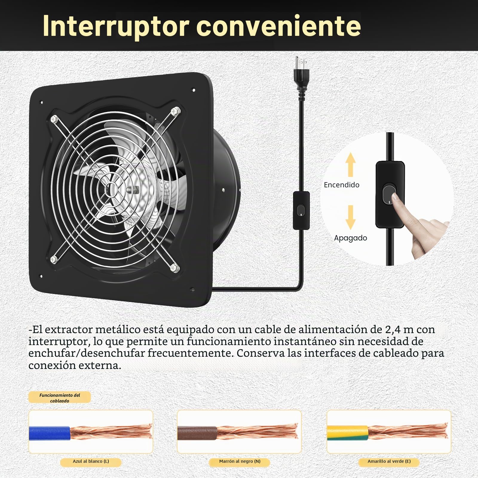 FanGoFast Extractor de Aire 150mm Ventilador de Baño 525m³/h Silencioso con Aleta de Retorno Potente Ventilador Metálico de Pared con Enchufe EU para Cocina Garaje Sótano (Negro, 150mm)