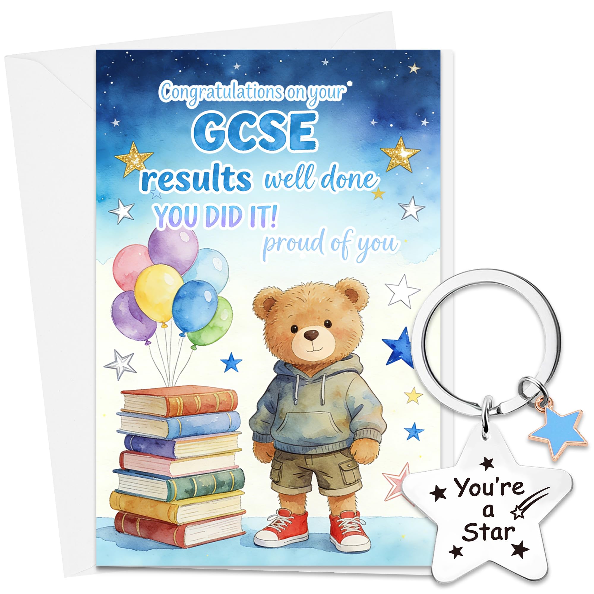 GCSE Results Congratulations Card with Keyring - Well Done Proud of You Passed Exams Gift, Blue Cute Bear Greeting Card with Envelope and Star Keyring for GCSE Success