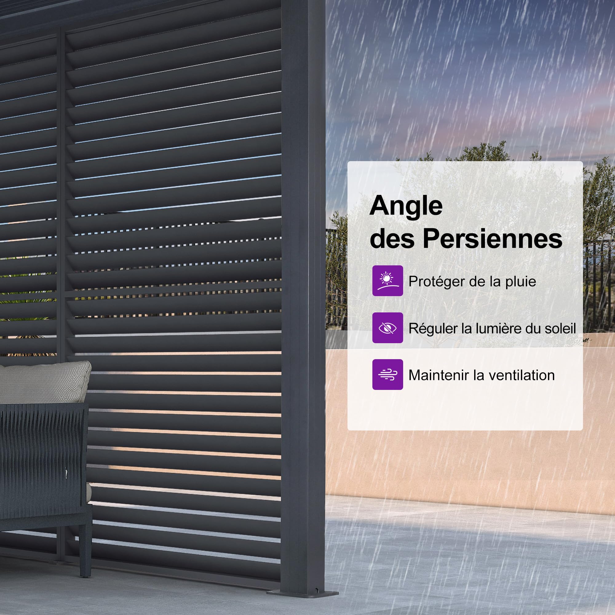 PURPLE LEAF Pergola Bioclimatique Panneau Brise-Vue (1/4 côté 4,24 m)，Gris | Compatible avec la pergola de jardin extérieur PURPLE LEAF 4,24 m, Stable au vent, Intimité renforcée, Installation facile