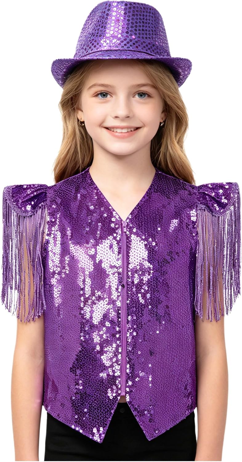 JanJean Shiny Dance Vest for Boys Sequin Hat Set Accessory Group Youth Rehearsal Style Performance Dancewear