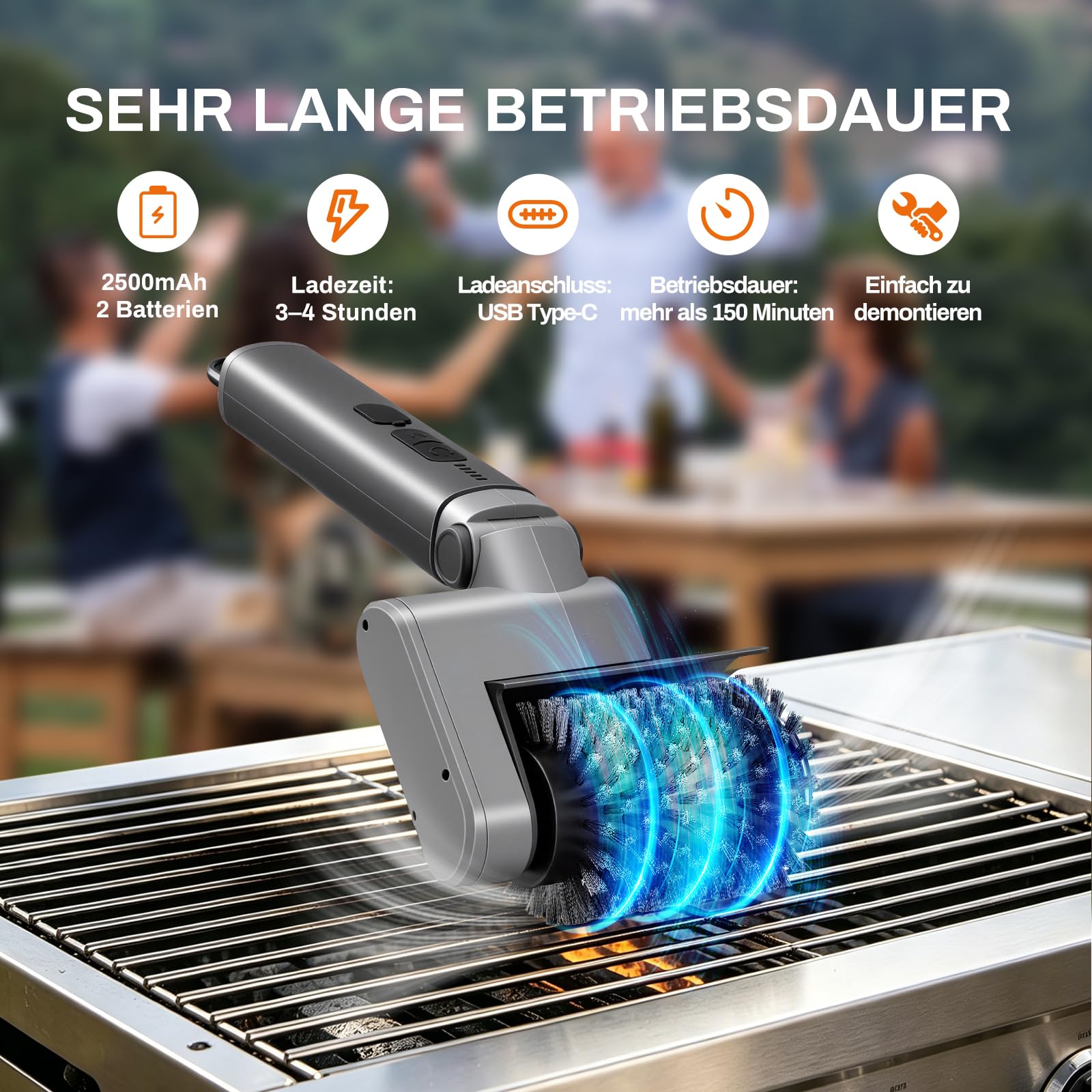 Elektrische Grillbürste, 3 in1 Kabelloser BBQ-Reiniger – 3 Wechselbare Köpfe,